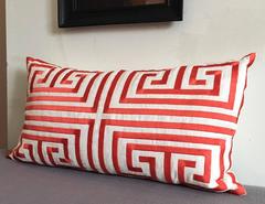 Modern Trina Turk Orange Greek Key Linen Embroidered Pillow