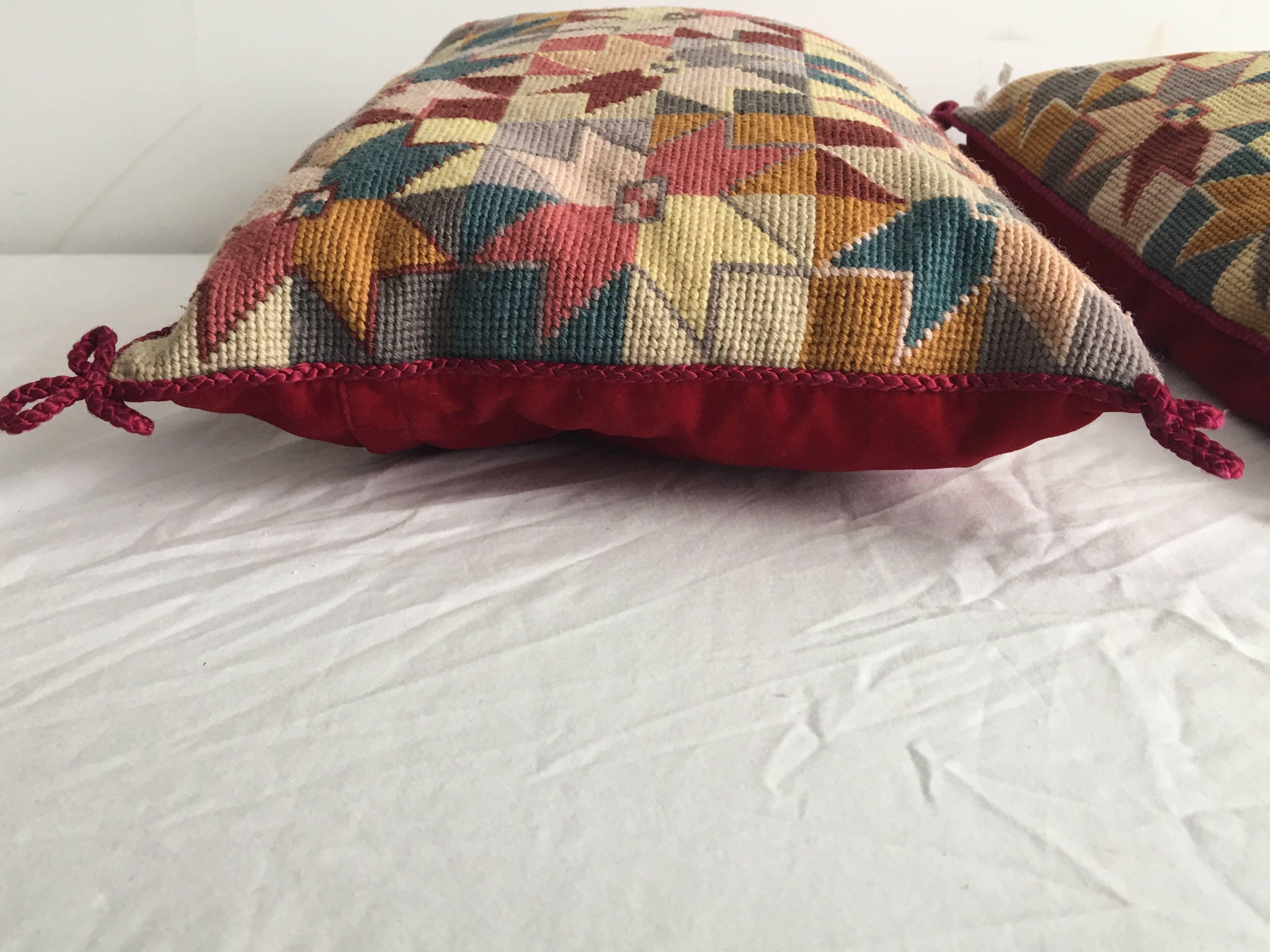 1960s Modern Geometric Needlepoint Pillows, Pair In Excellent Condition In Richmond, VA