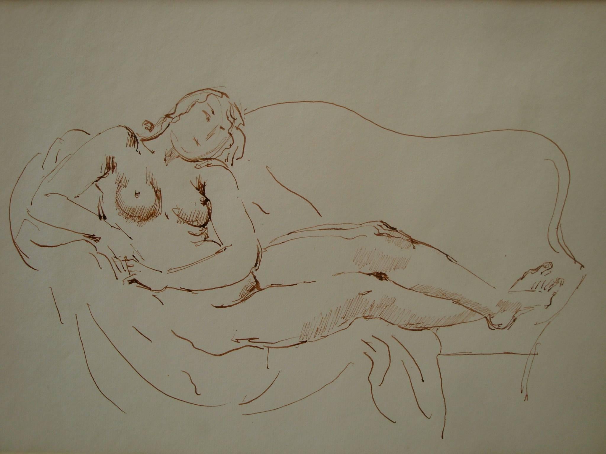 Offered is a charming, feminine brown ink drawing on off-white paper of a reclining nude, by listed Hungarian-American artist, Bernard Karfiol (1886-1952). Karfiol grew up in Brooklyn and Long Island, New York and studied at the National Academy of