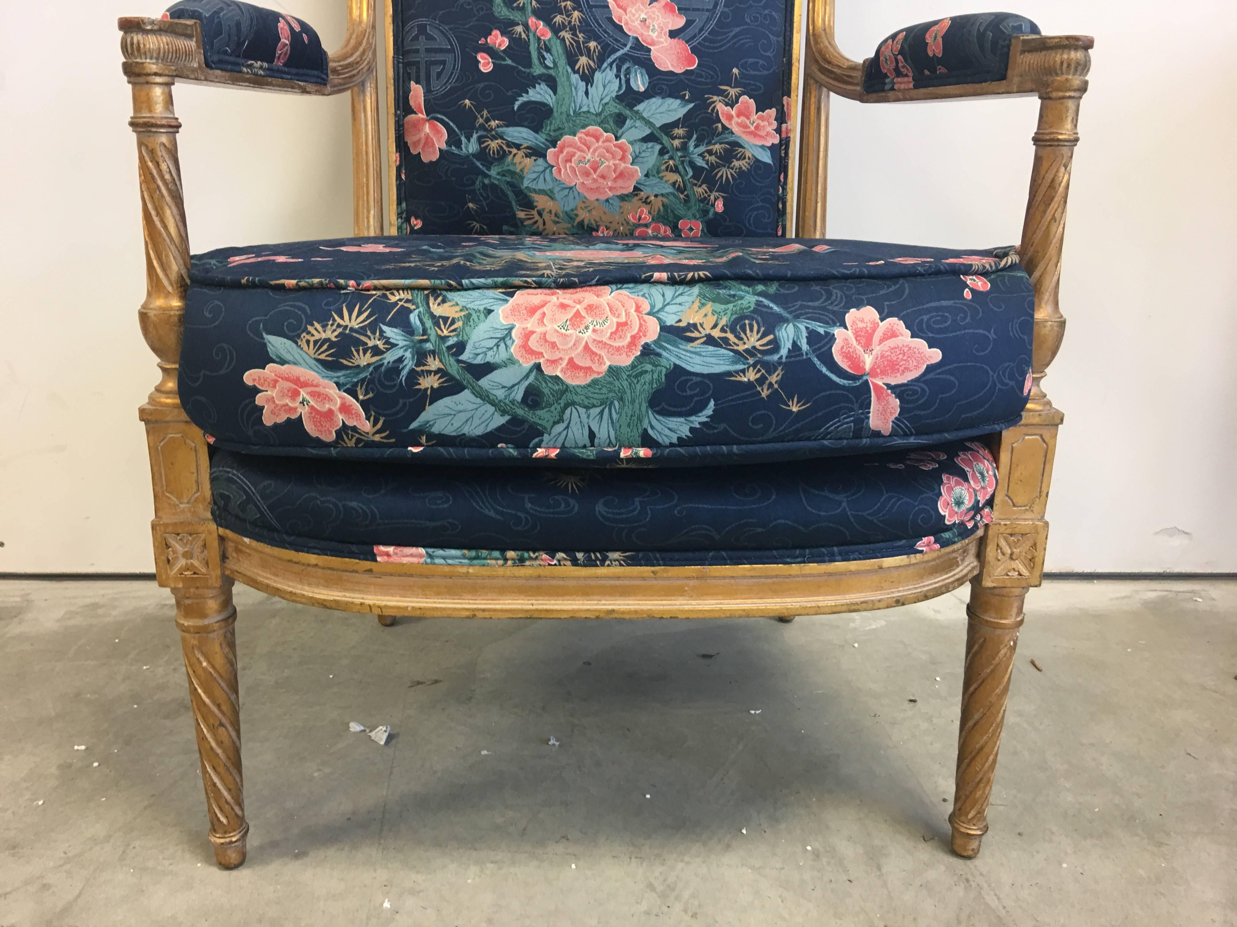 1950s Chinoiserie Gilt Armchair with Navy Cherry Blossom Upholstery In Excellent Condition In Richmond, VA
