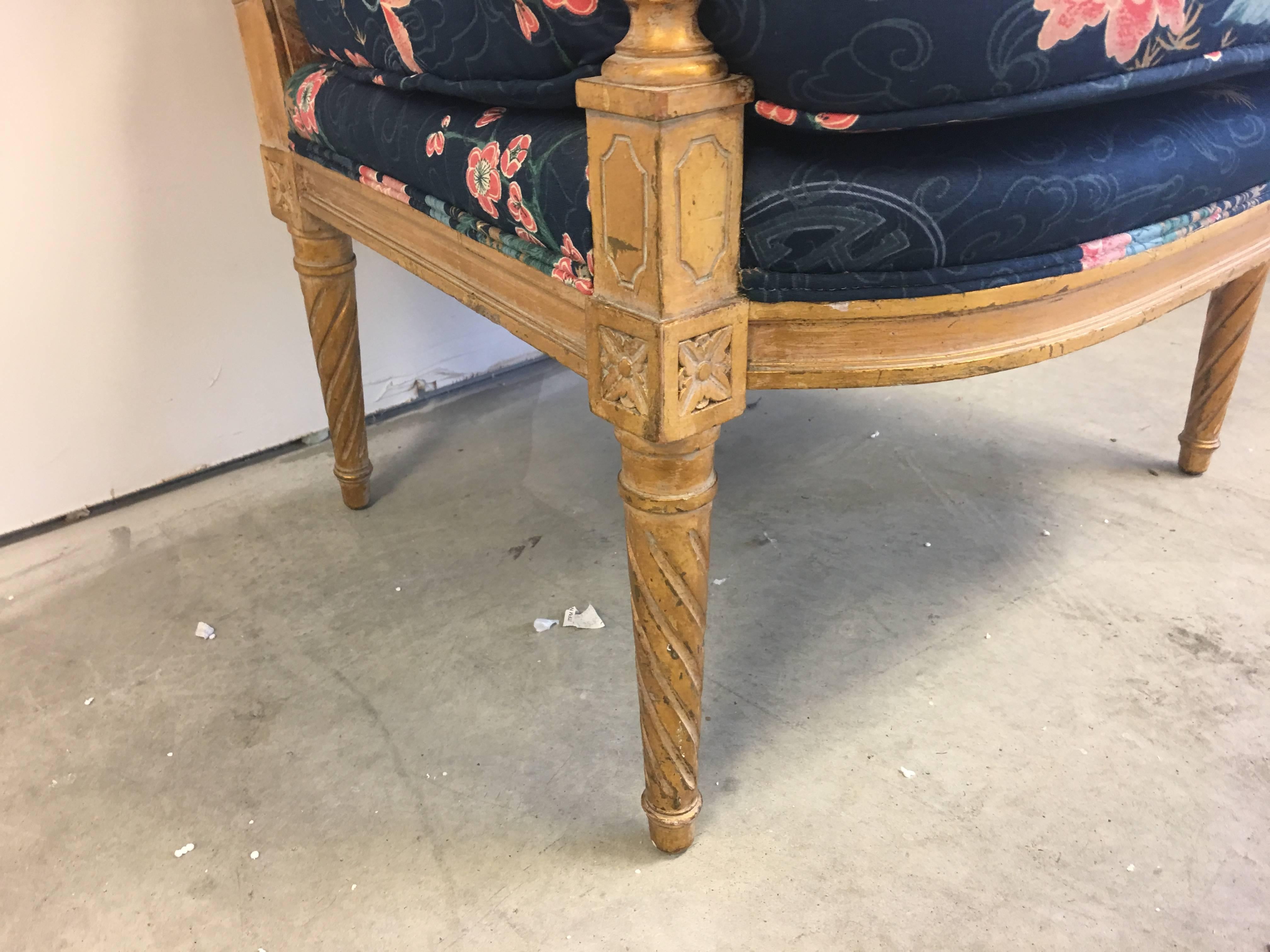 20th Century 1950s Chinoiserie Gilt Armchair with Navy Cherry Blossom Upholstery