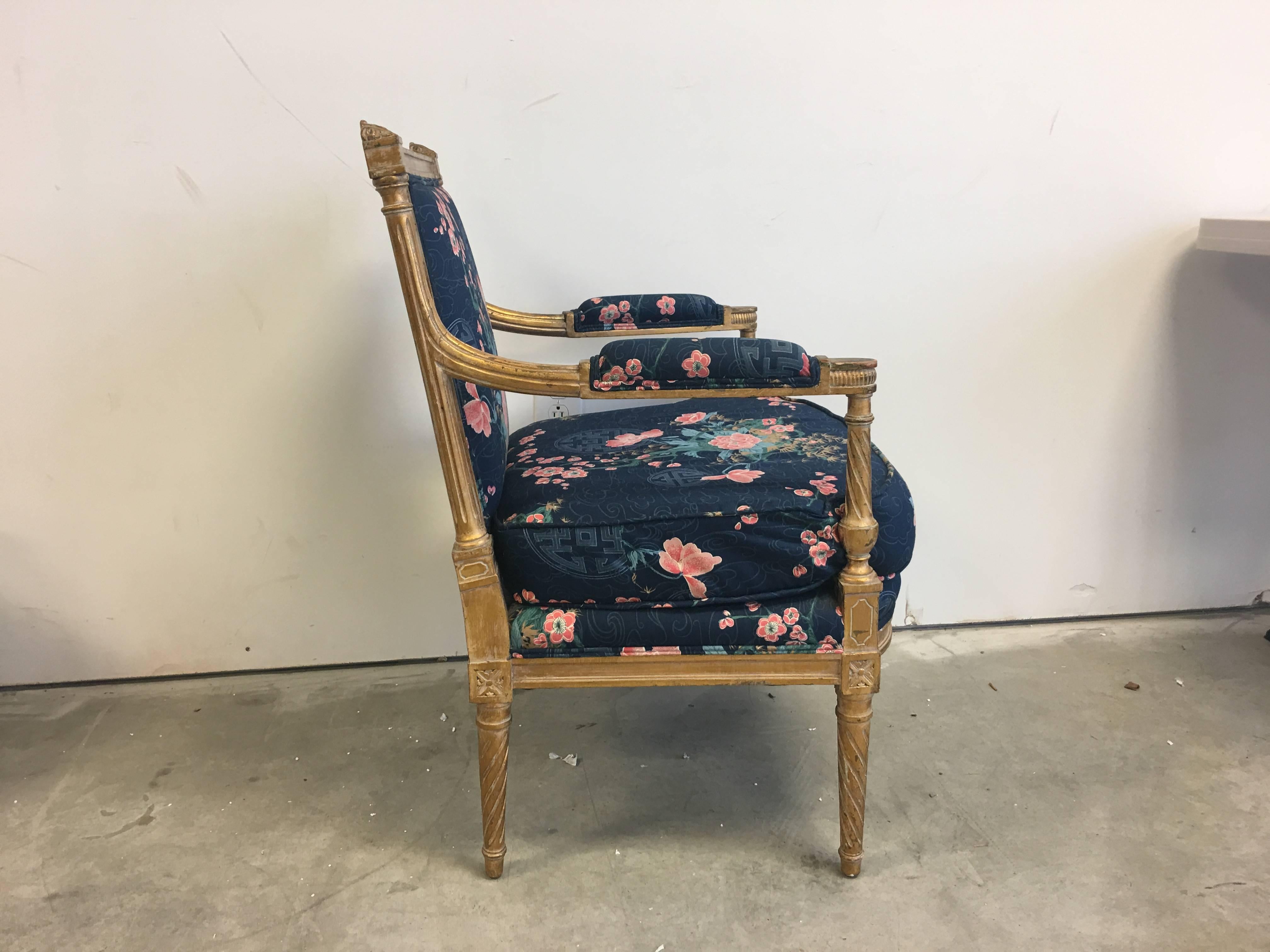 Fabric 1950s Chinoiserie Gilt Armchair with Navy Cherry Blossom Upholstery