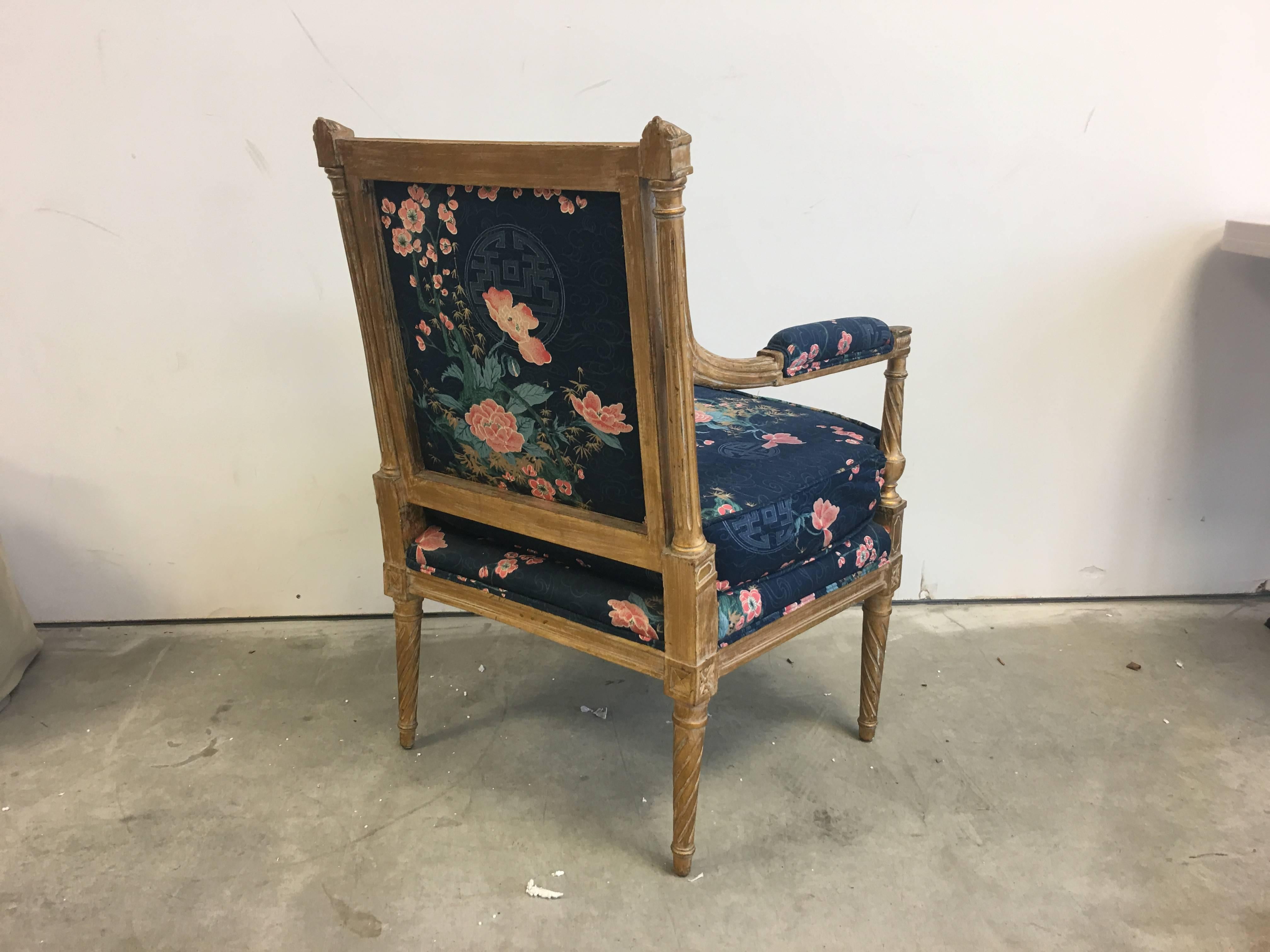 1950s Chinoiserie Gilt Armchair with Navy Cherry Blossom Upholstery 1