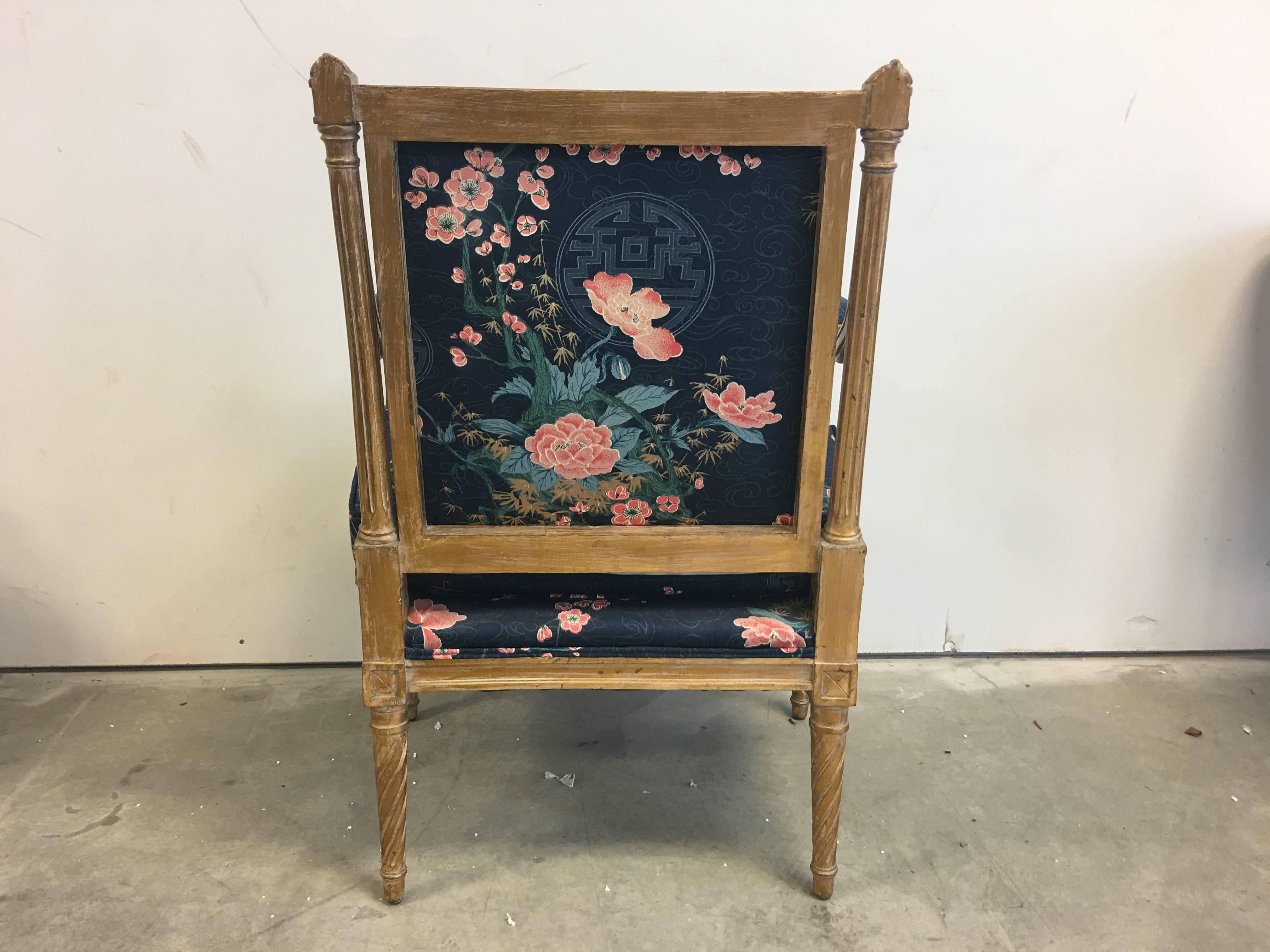 1950s Chinoiserie Gilt Armchair with Navy Cherry Blossom Upholstery 2