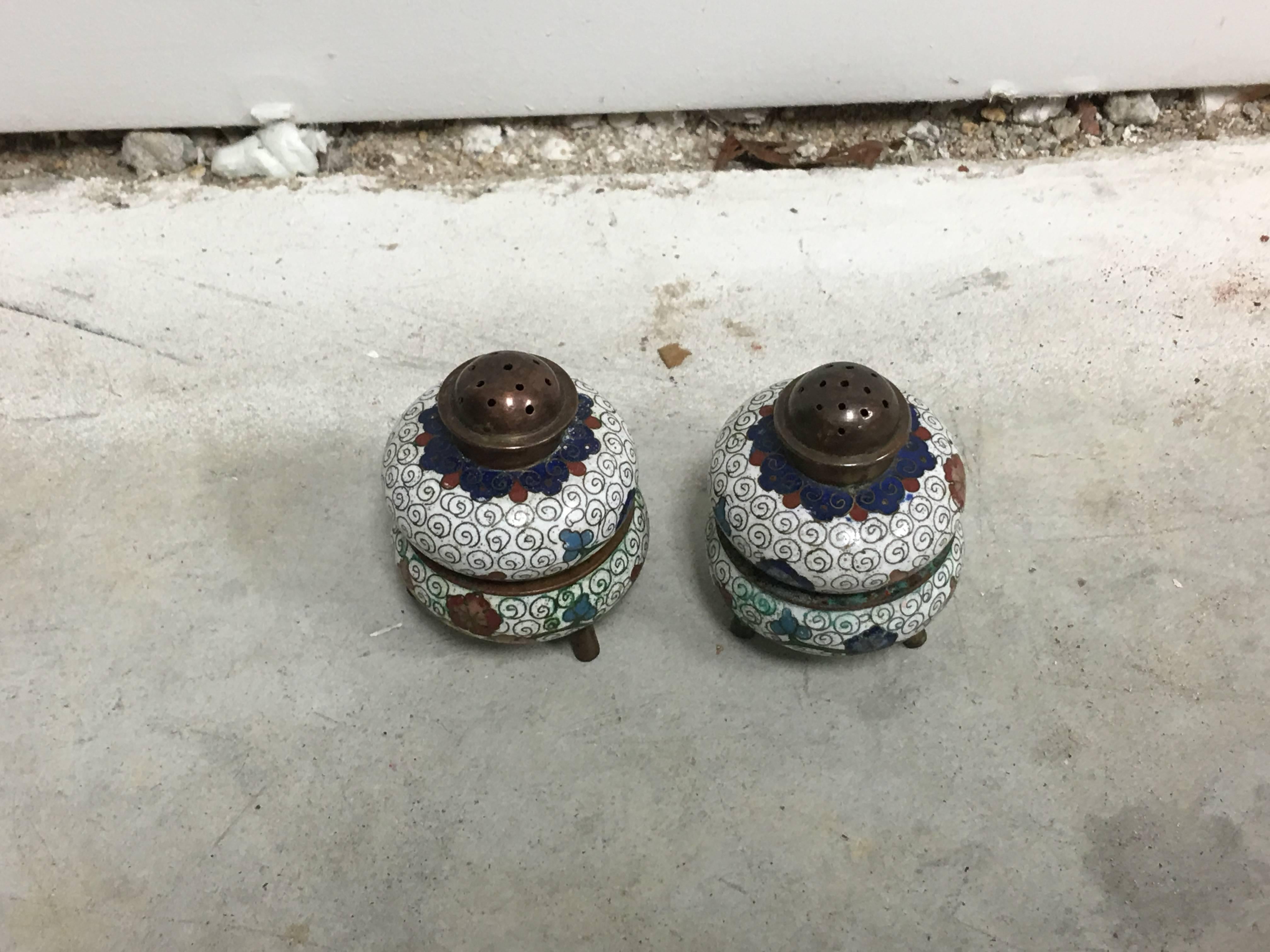 Chinoiserie 1930s Cloisonné Salt and Pepper Shakers with Stands
