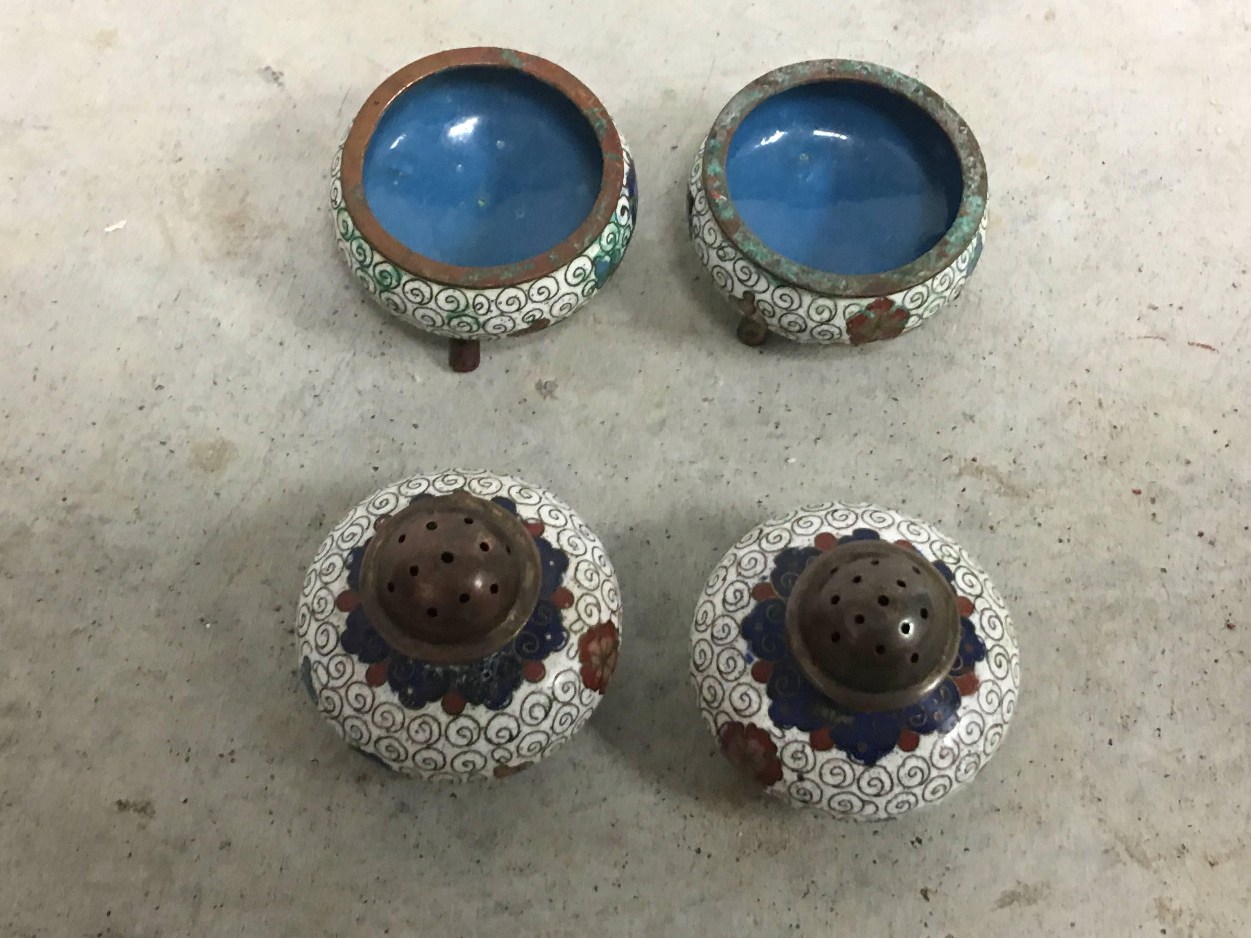 Cloissoné 1930s Cloisonné Salt and Pepper Shakers with Stands