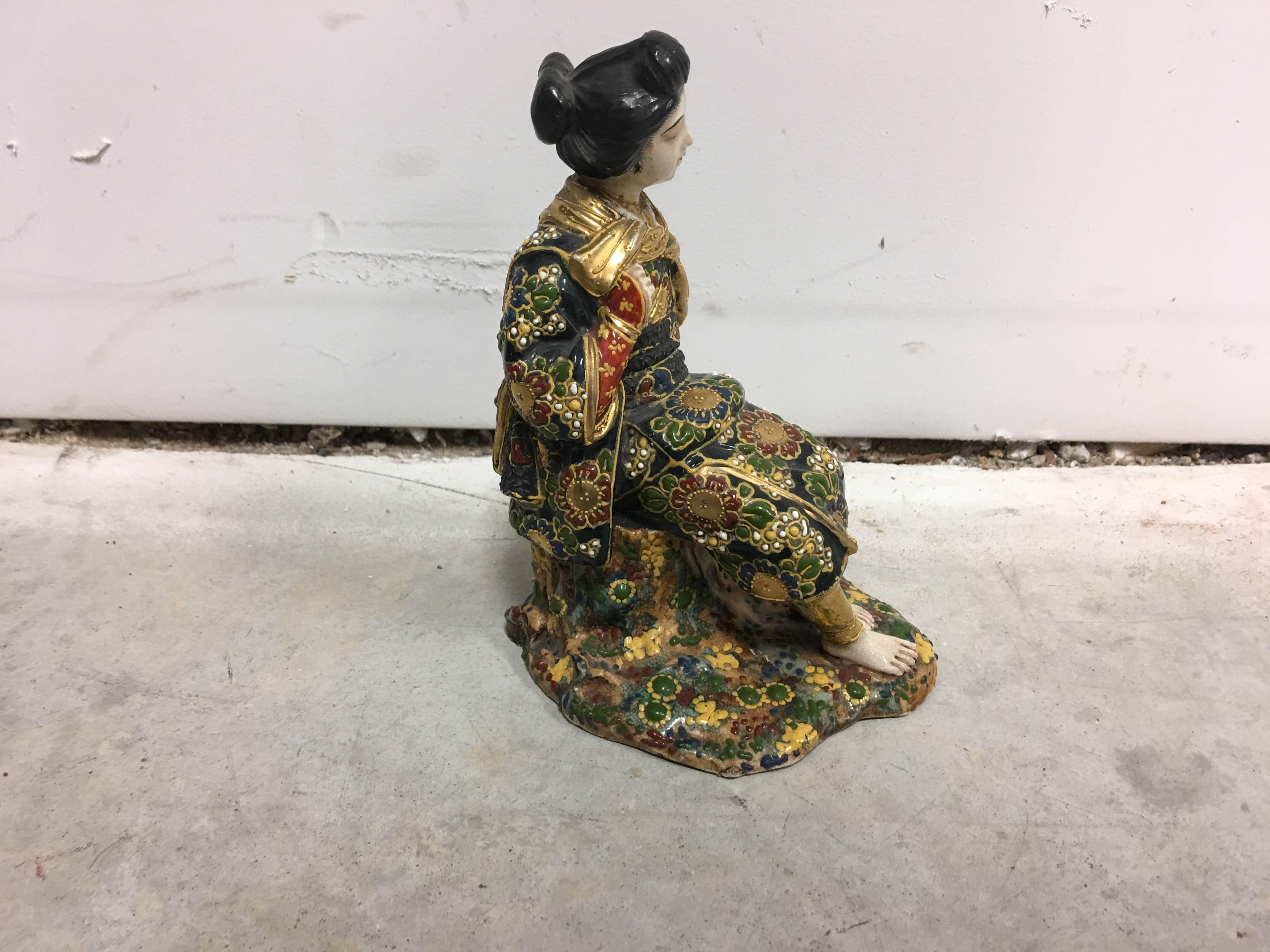 Hand-Painted 1960s Asian Geisha Polychrome Statue