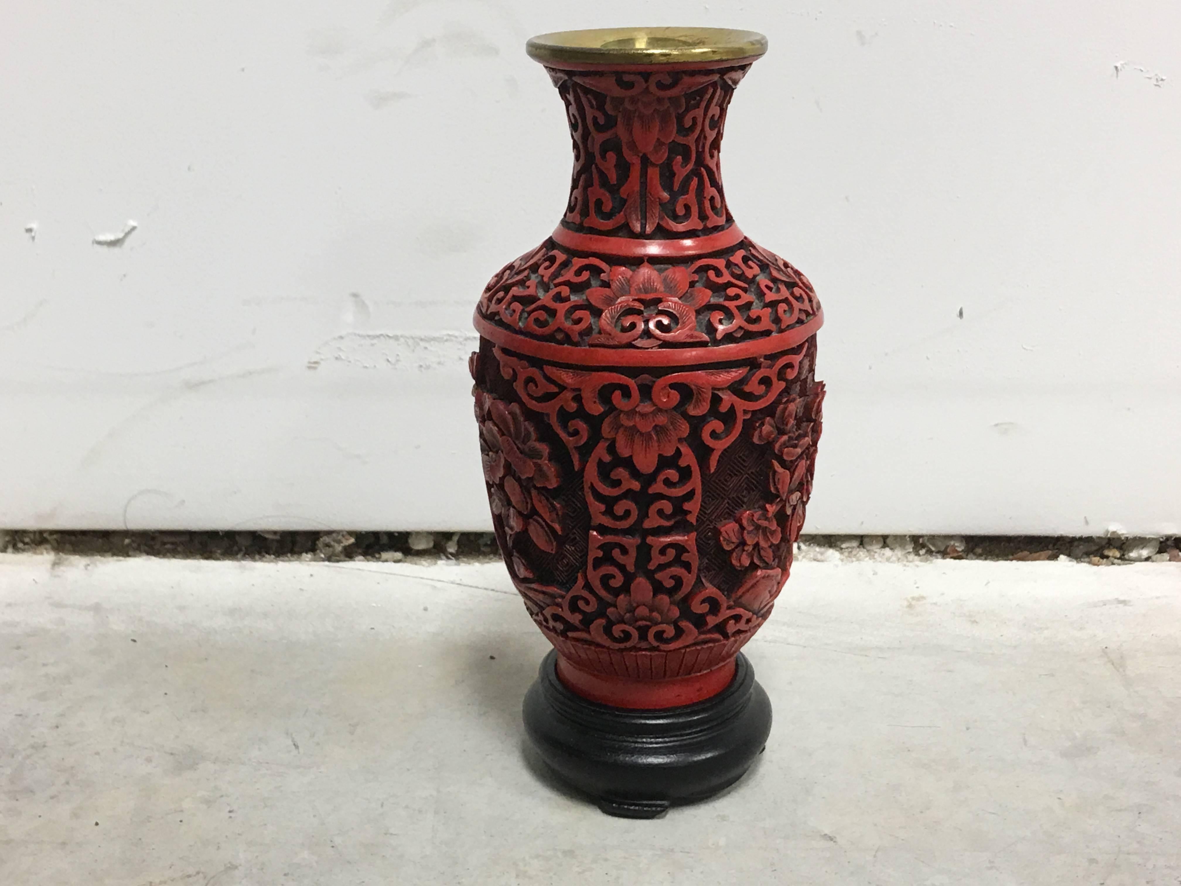 Asian 19th Century Chinese Red Cinnabar Cloisonné Vase on Stand
