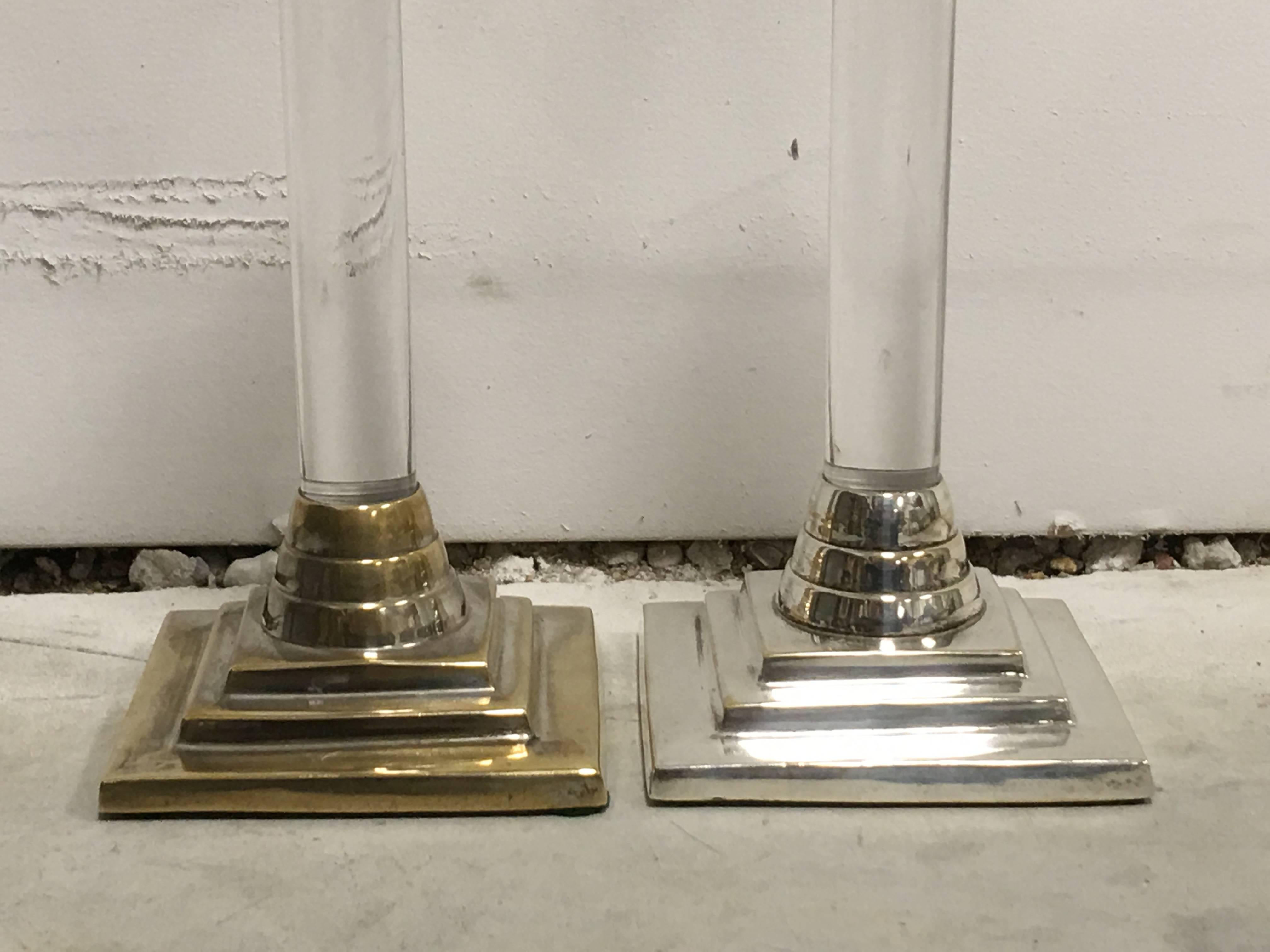 Mid-Century Modern 1960s Silver and Lucite Candlesticks, Pair