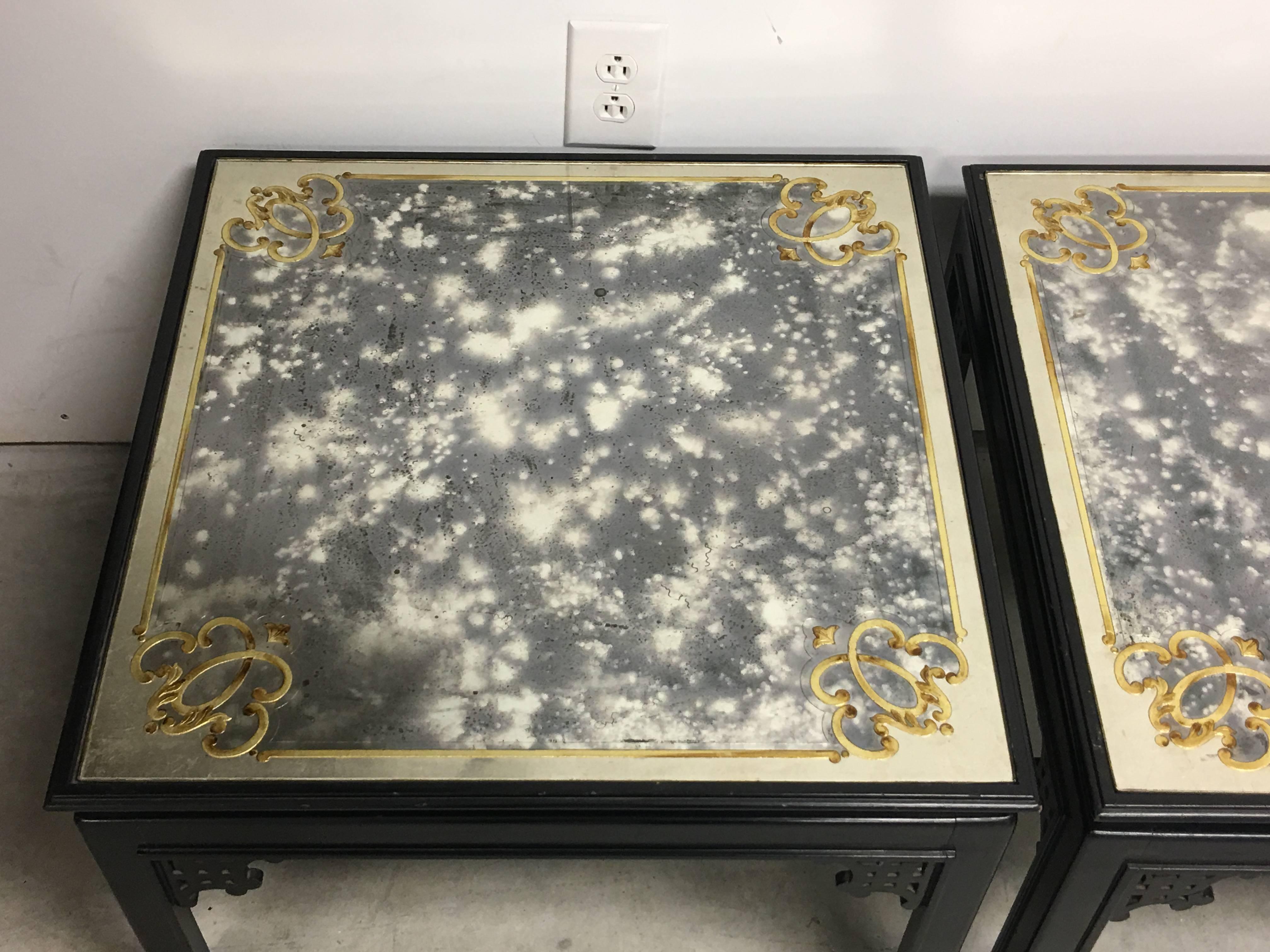 1960s Maison Jansen Black Ebonized Side Tables with Gold and Silver Glass, Pair In Excellent Condition In Richmond, VA