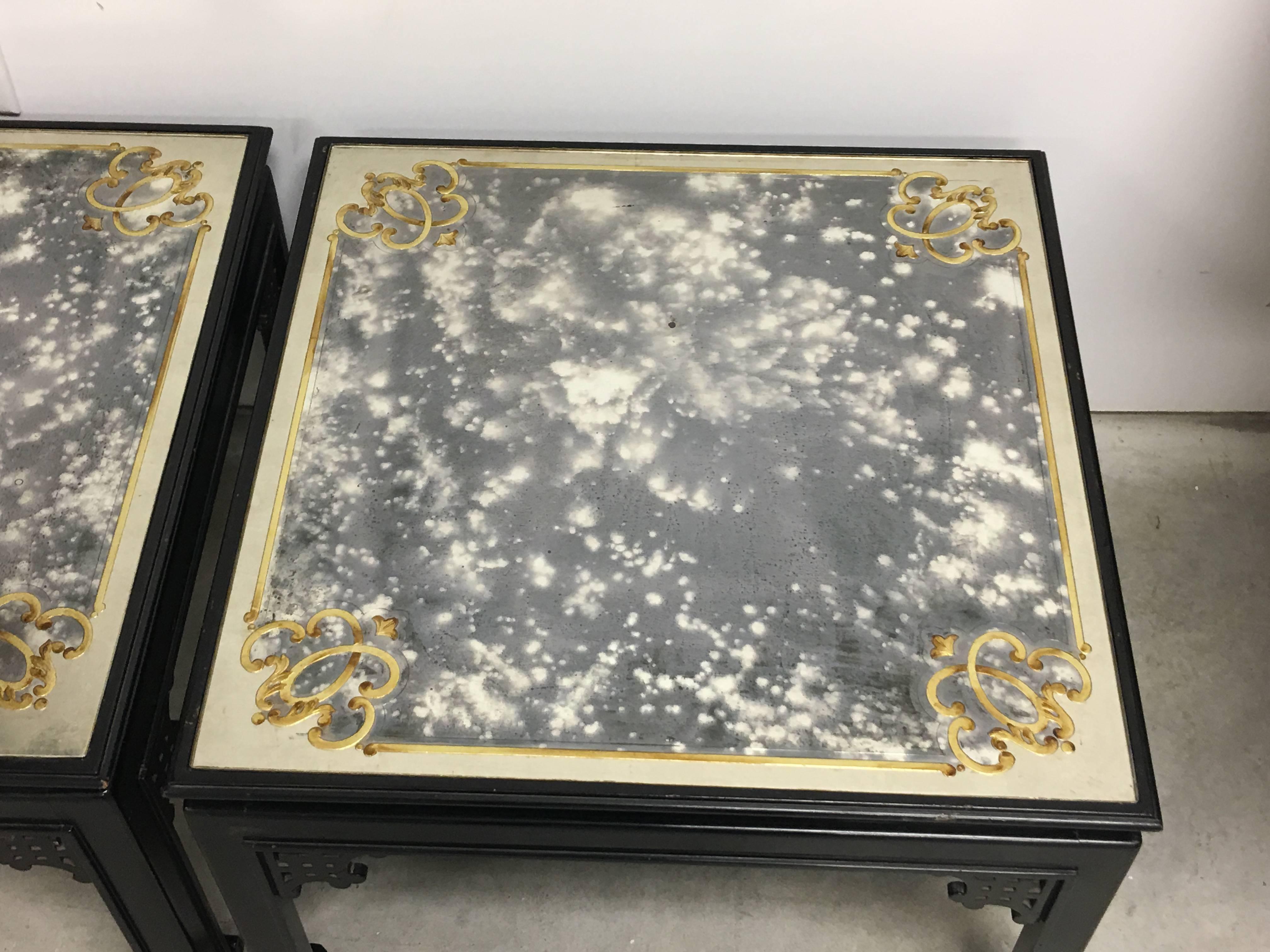 20th Century 1960s Maison Jansen Black Ebonized Side Tables with Gold and Silver Glass, Pair