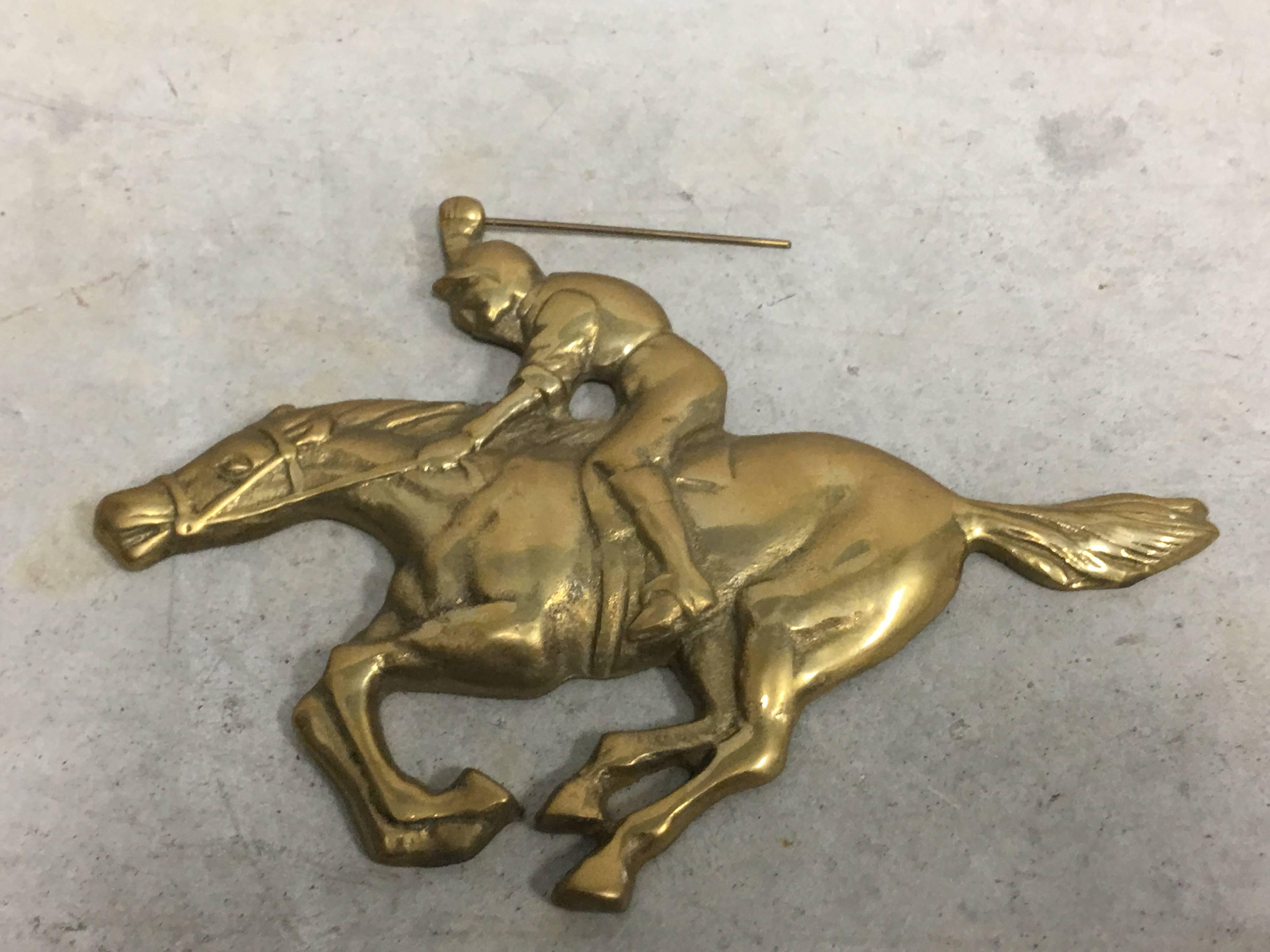 Mid-Century Modern 1960s Jockey and Horse Solid Brass Wall Plaque Sculpture