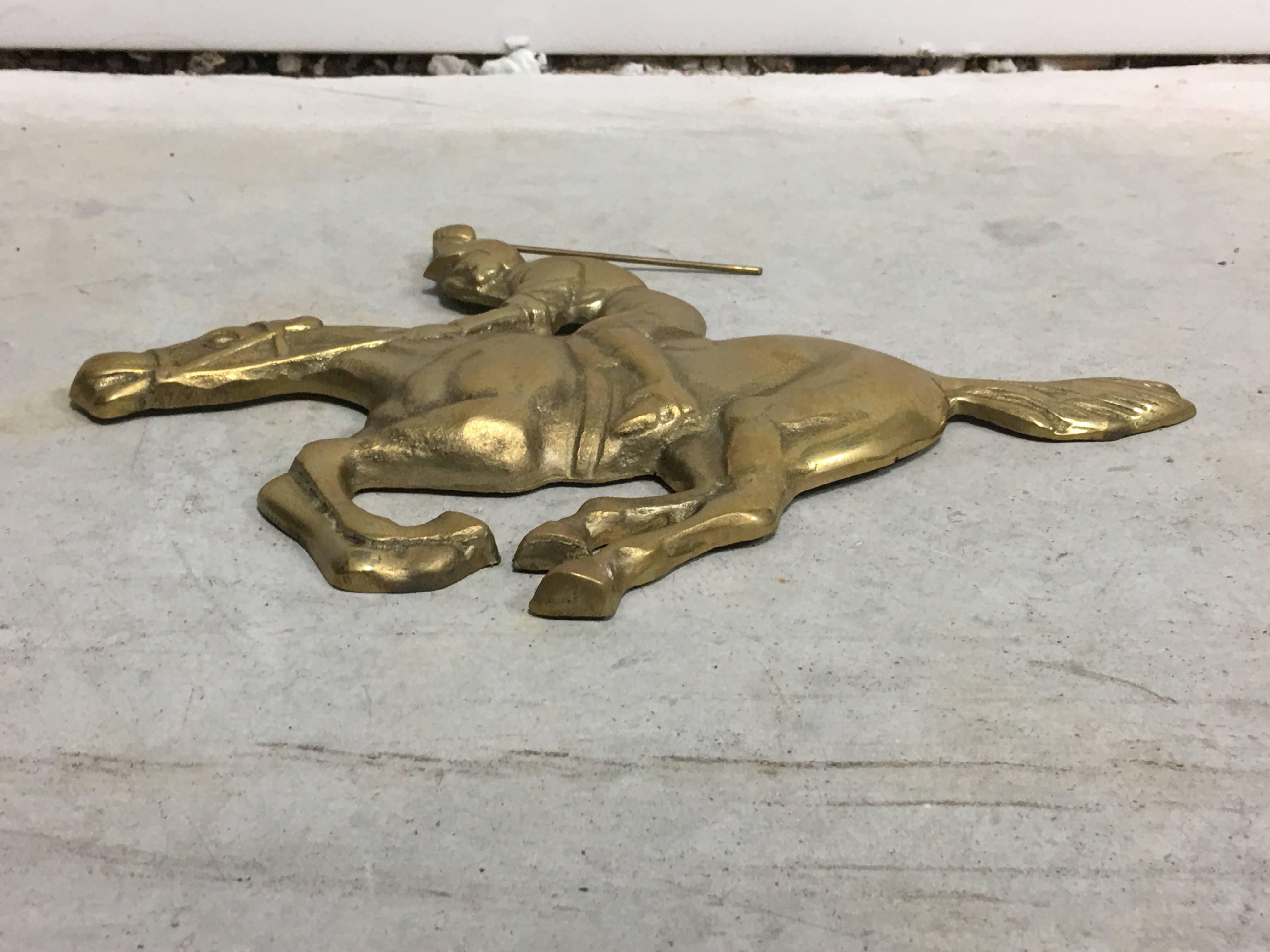 1960s Jockey and Horse Solid Brass Wall Plaque Sculpture In Excellent Condition In Richmond, VA