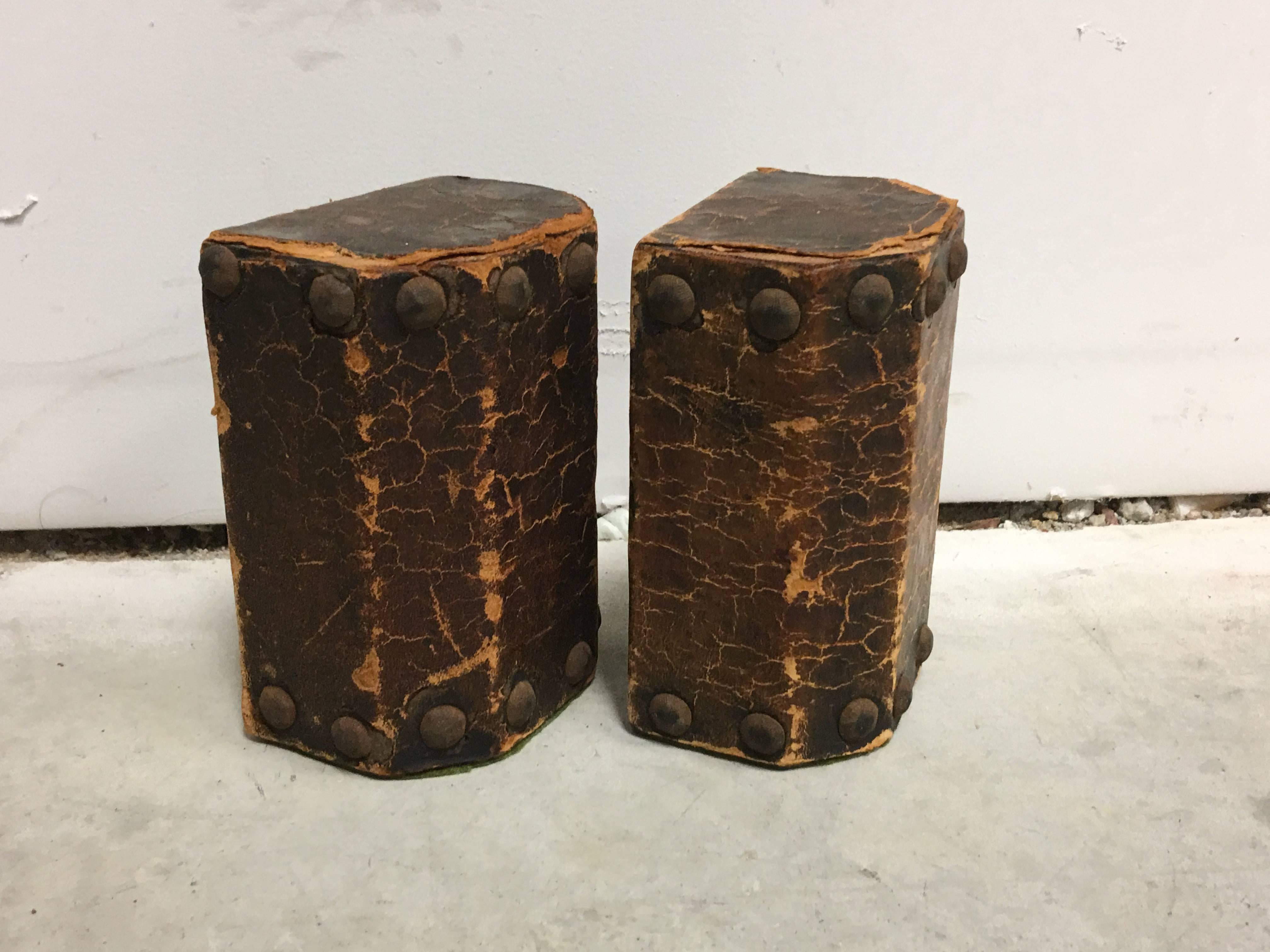 Metal 19th Century Leather and Nailhead Trim Bookends, Pair