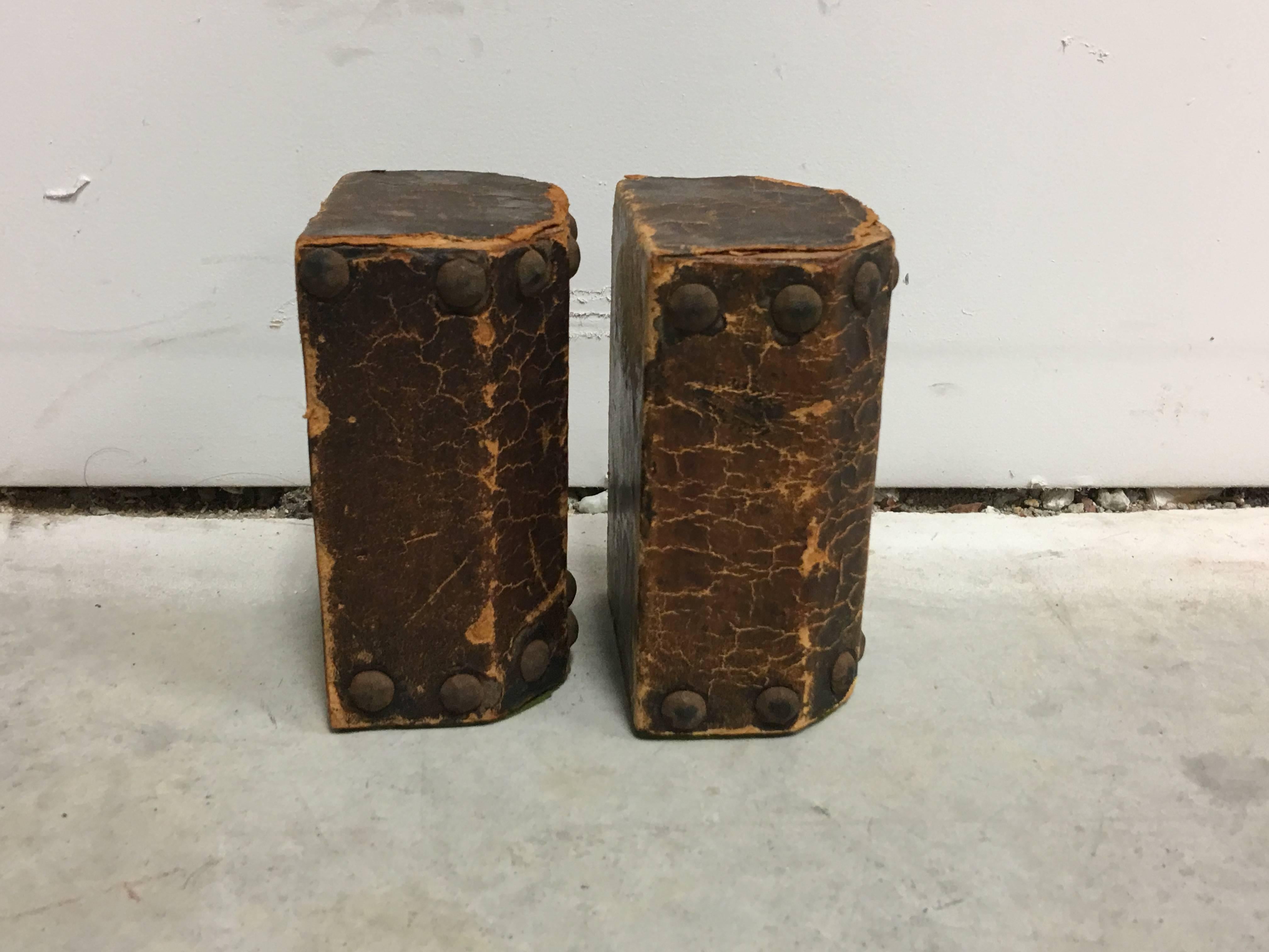 19th Century Leather and Nailhead Trim Bookends, Pair 1