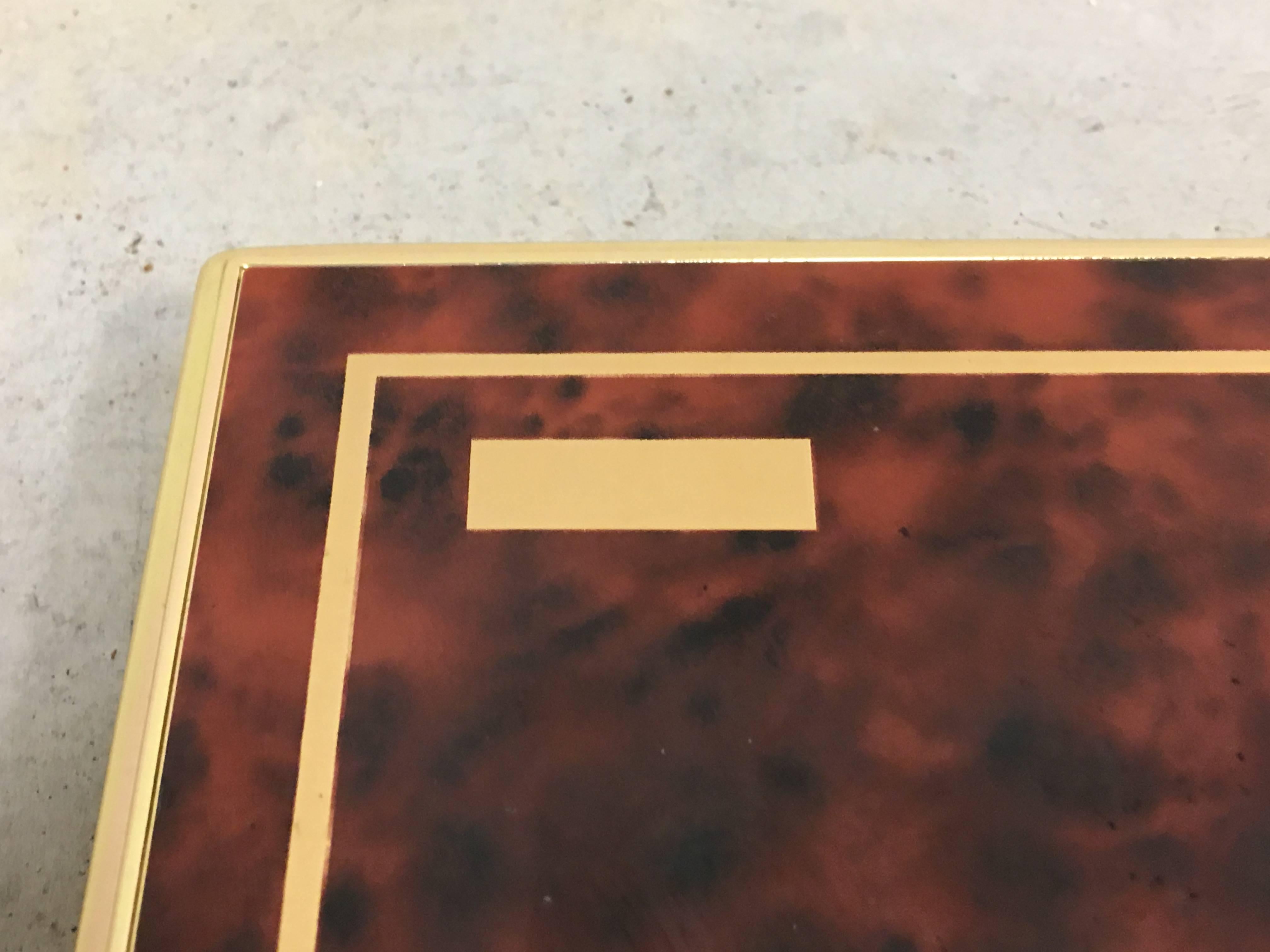 Mid-Century Modern 1960s Burl wood Veneer and Brass Cigarette Case with Lighter
