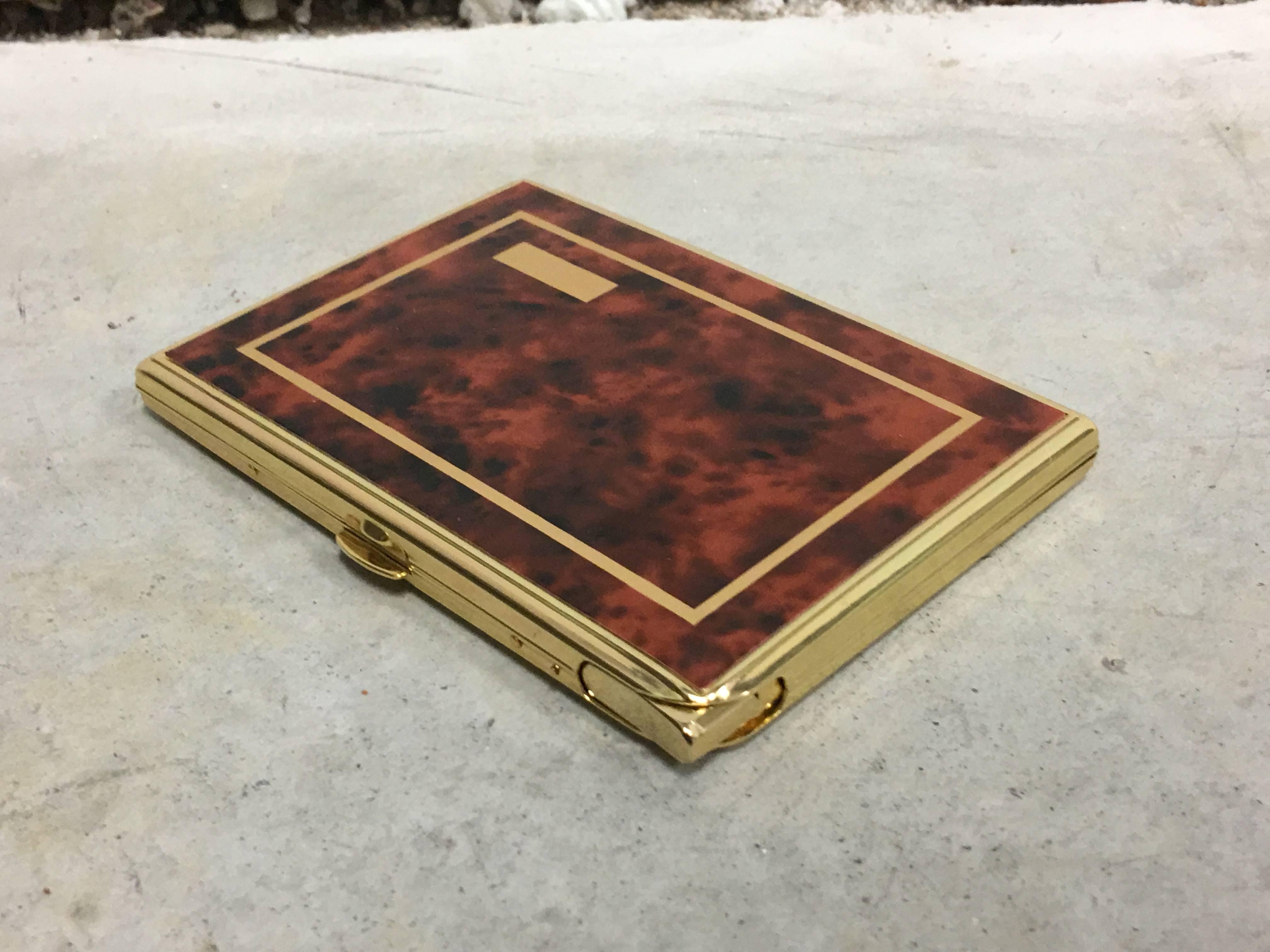20th Century 1960s Burl wood Veneer and Brass Cigarette Case with Lighter