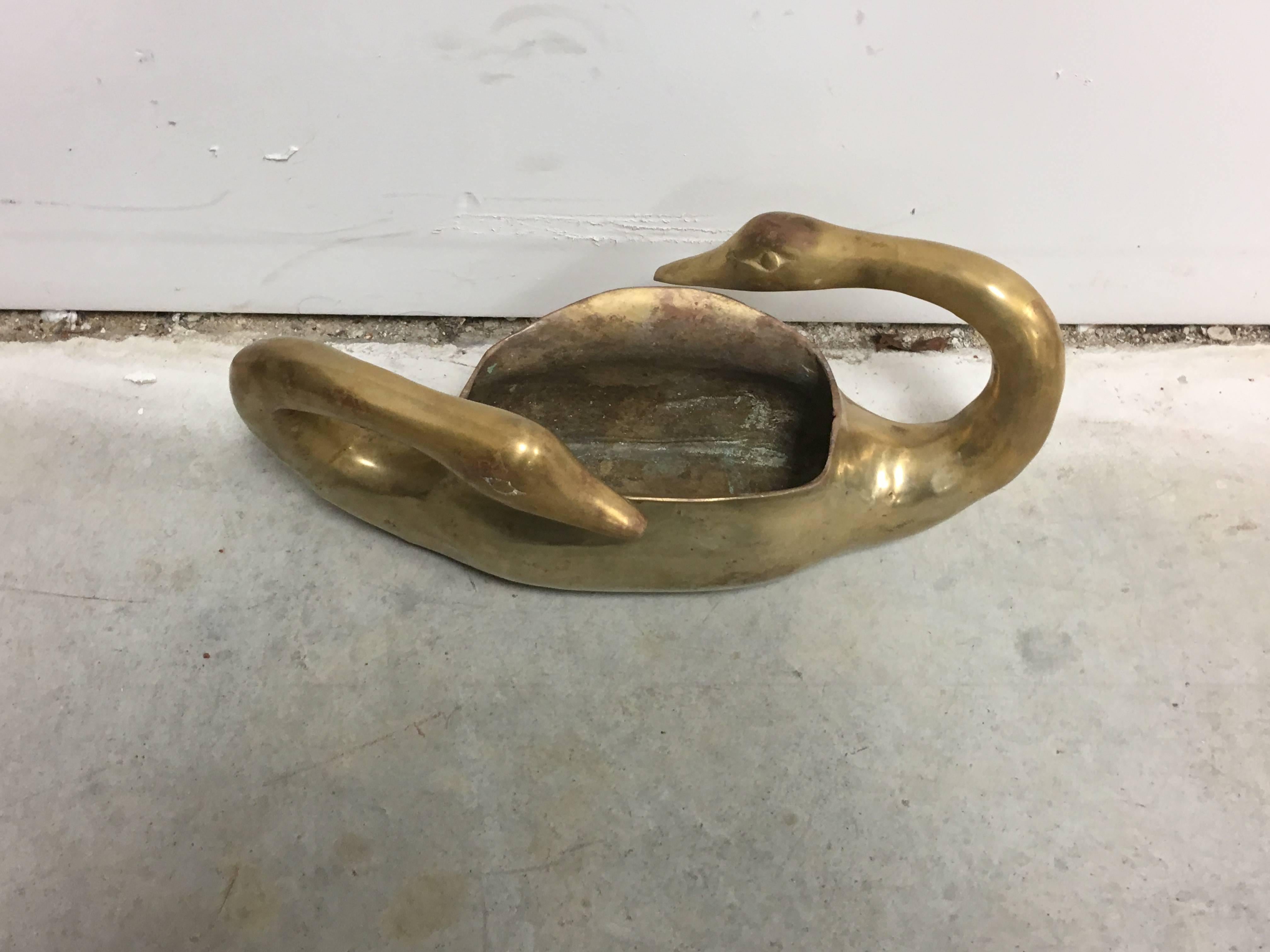 1950s Double Headed Swan Brass Planter In Excellent Condition In Richmond, VA