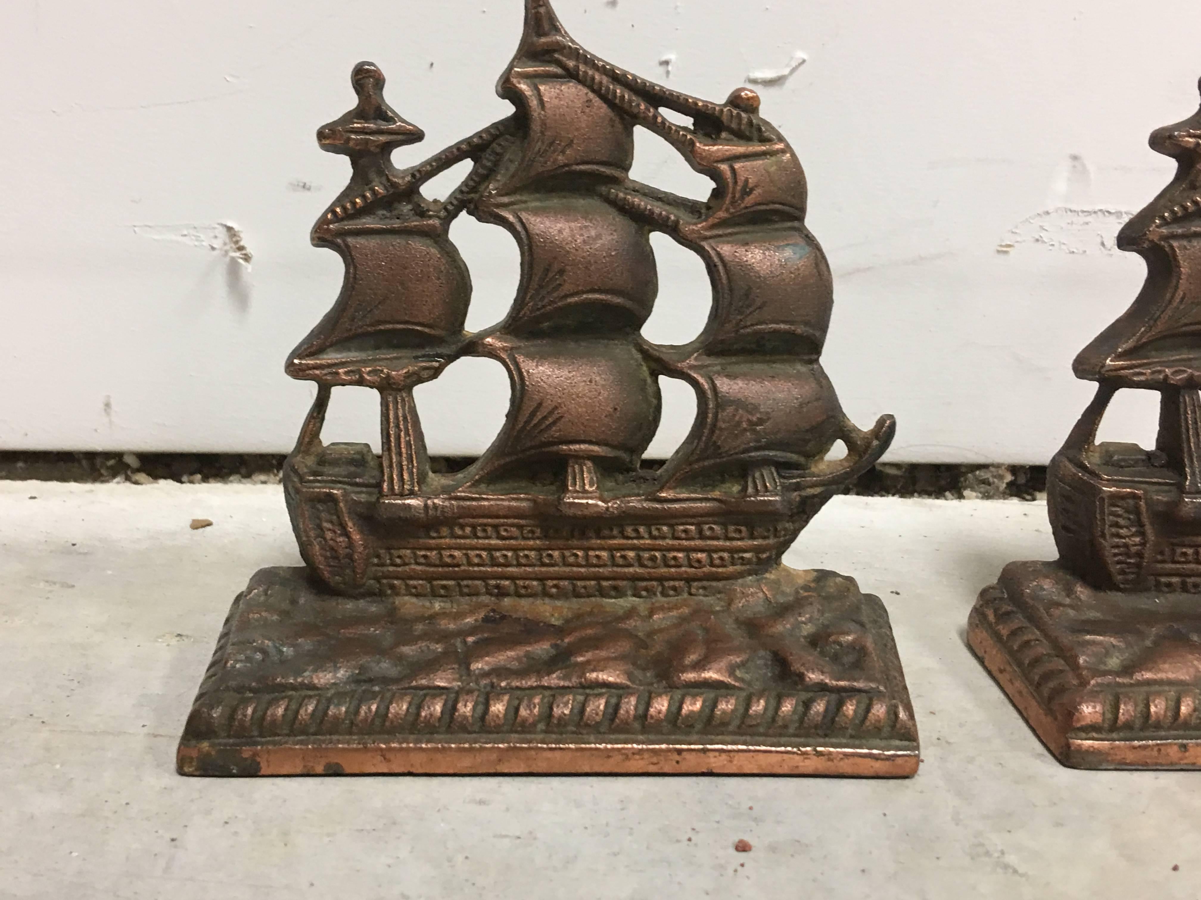 Offered is a beautiful and handsome, pair of 19th century cast-bronze ship bookends.