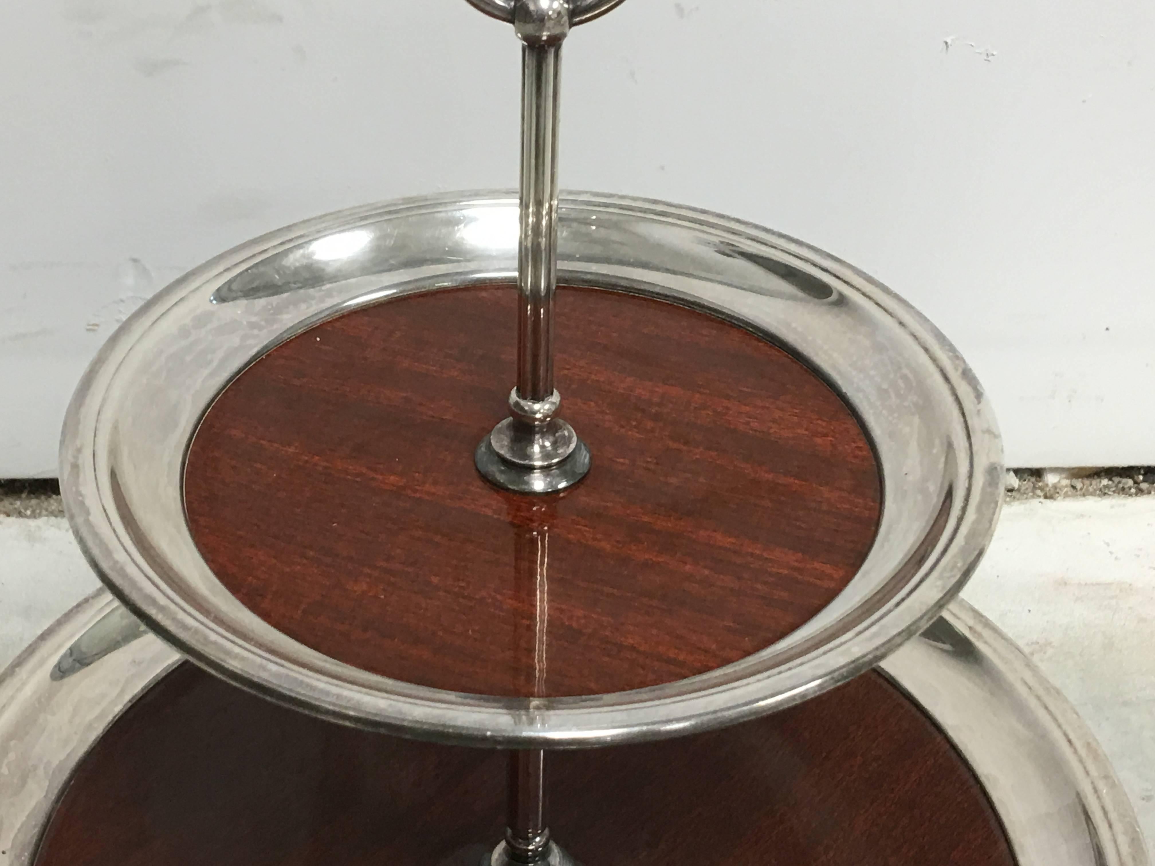Mid-Century Modern 1950s Two-Tiered Silver Plate and Mahogany Veneer Server with Handle