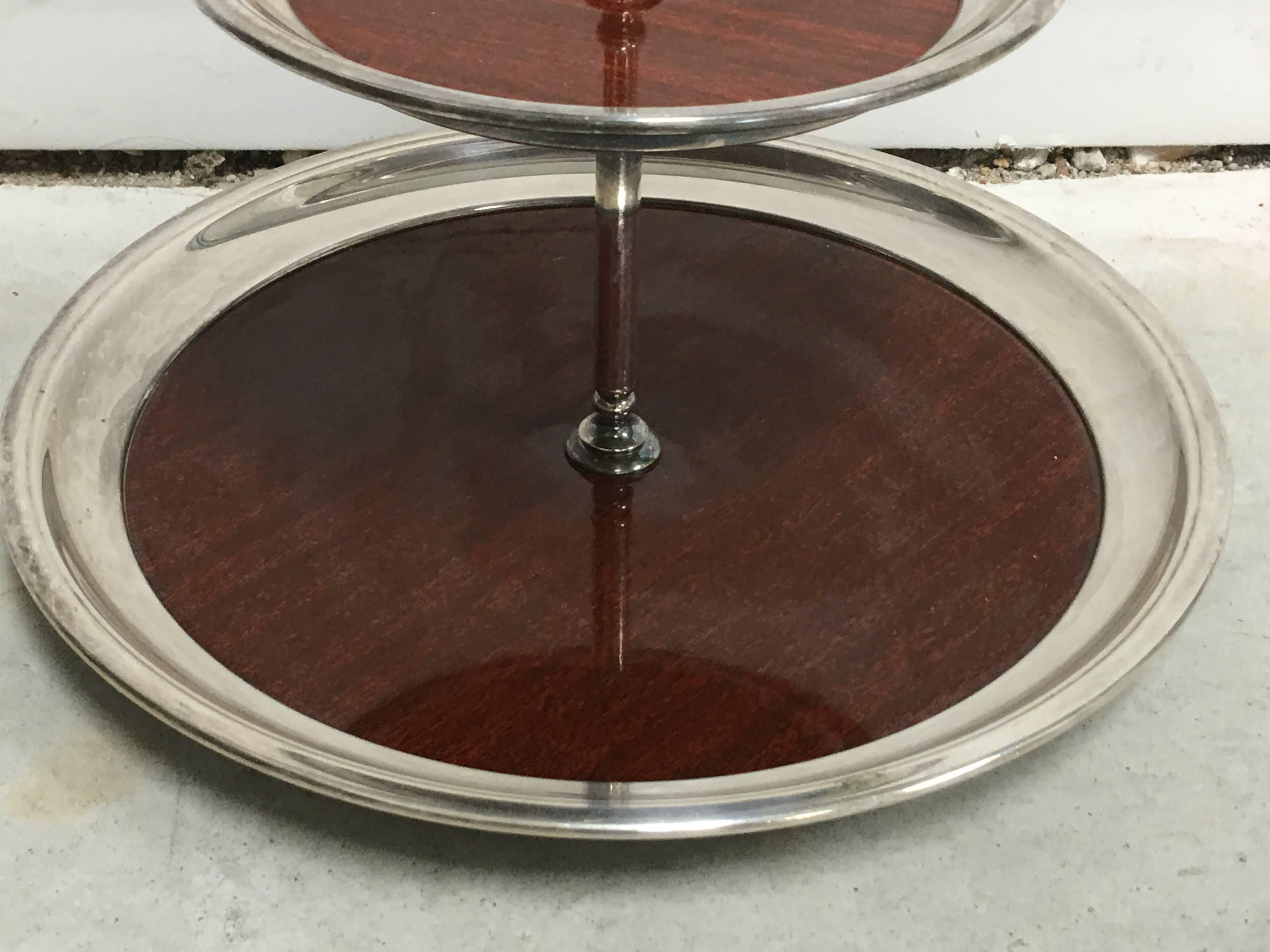 1950s Two-Tiered Silver Plate and Mahogany Veneer Server with Handle In Excellent Condition In Richmond, VA