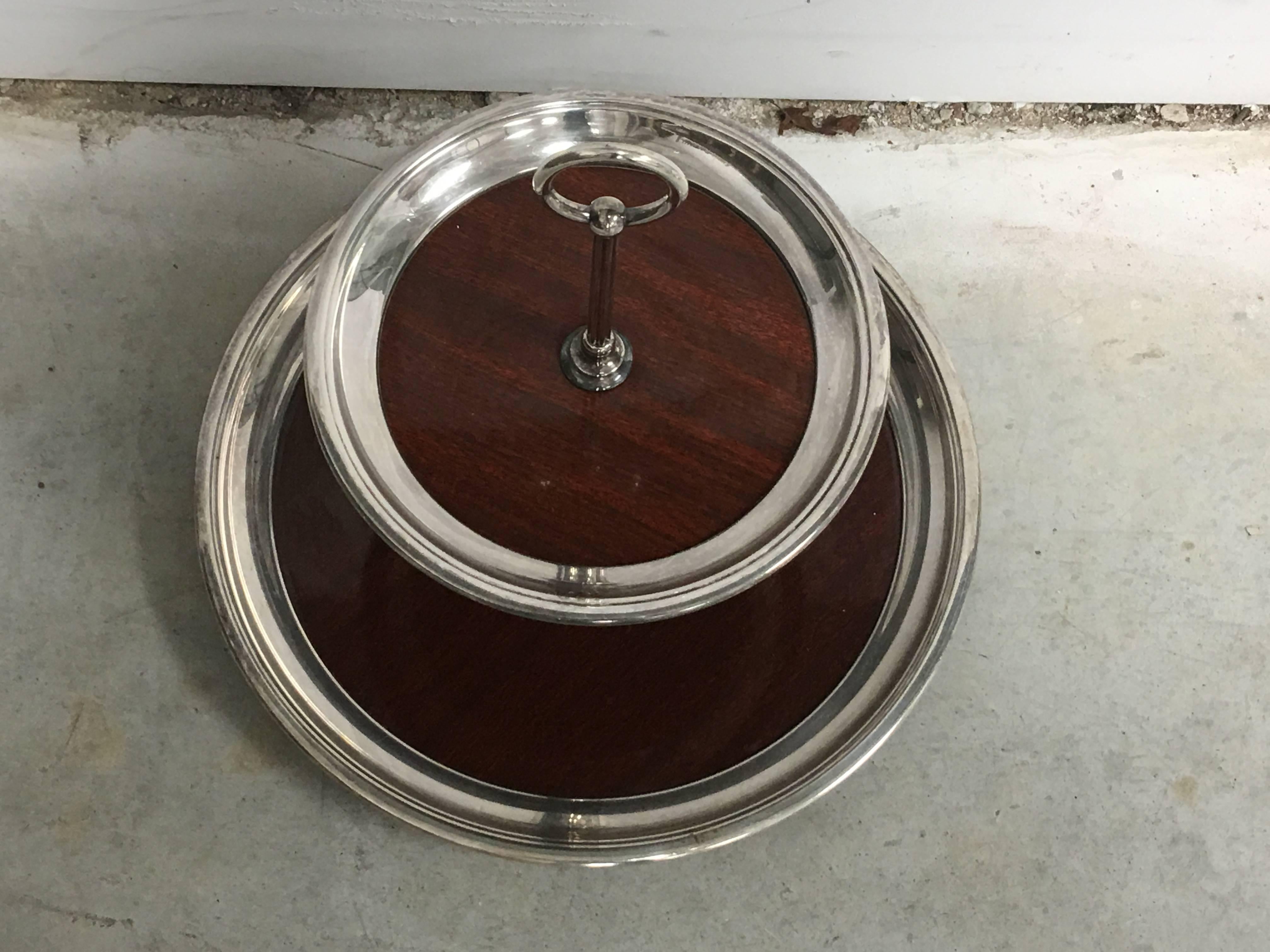 20th Century 1950s Two-Tiered Silver Plate and Mahogany Veneer Server with Handle