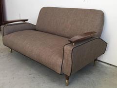 1940s Modern French Deco Floating Arm Sofa with Walnut and Brass Details