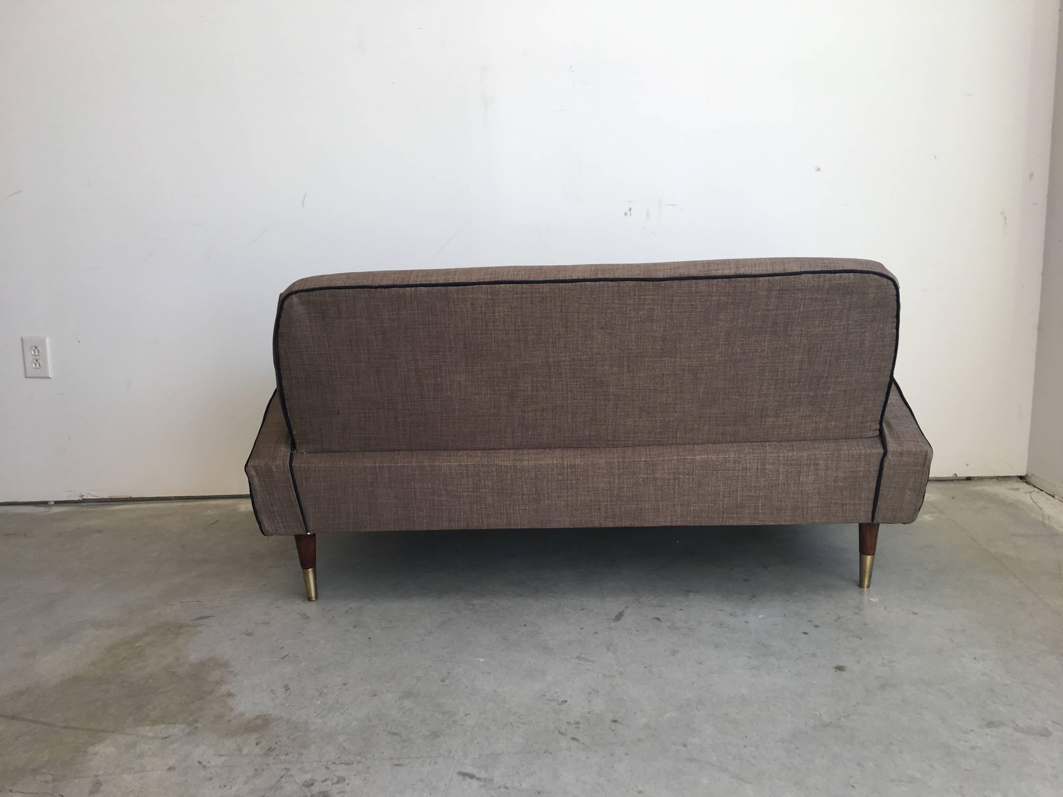 1940s Modern French Deco Floating Arm Sofa with Walnut and Brass Details 1