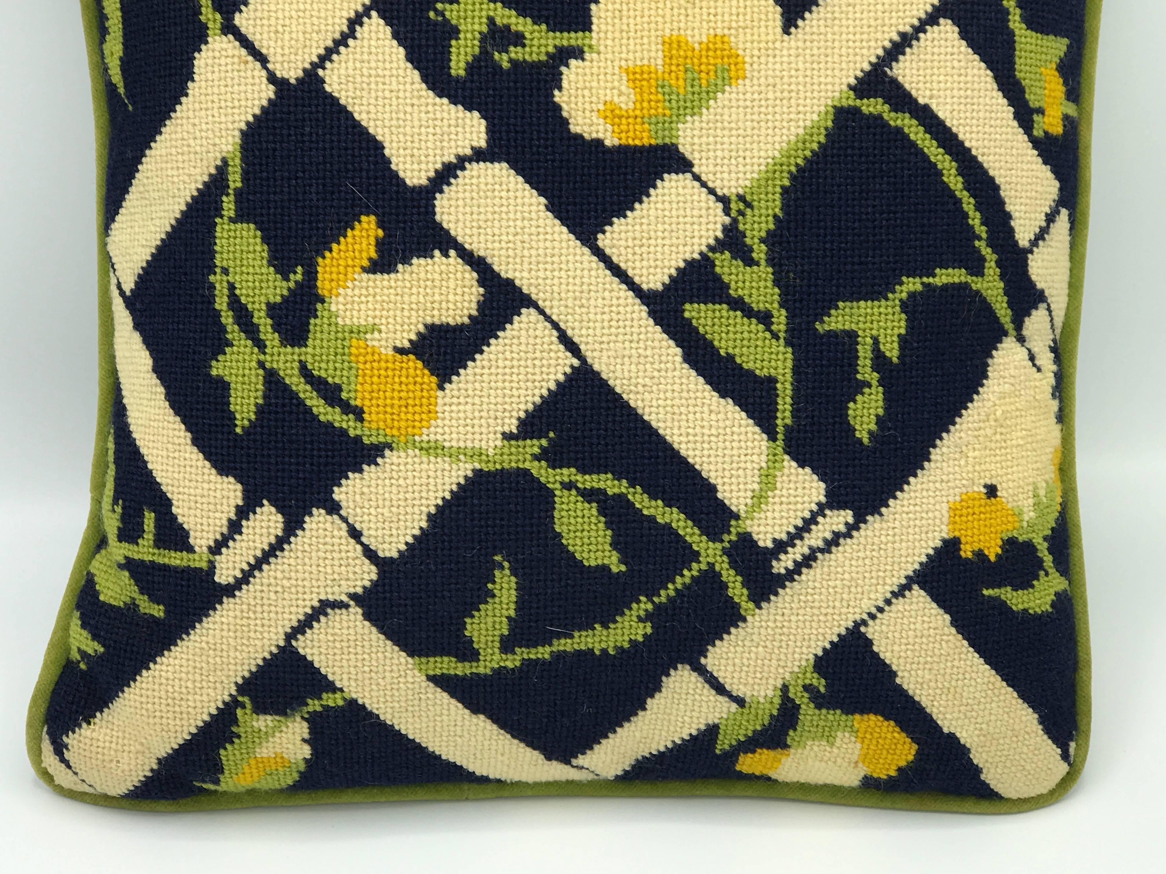 Chinoiserie 1960s Bamboo and Sweet Pea Needlepoint Pillow with Velvet Backing
