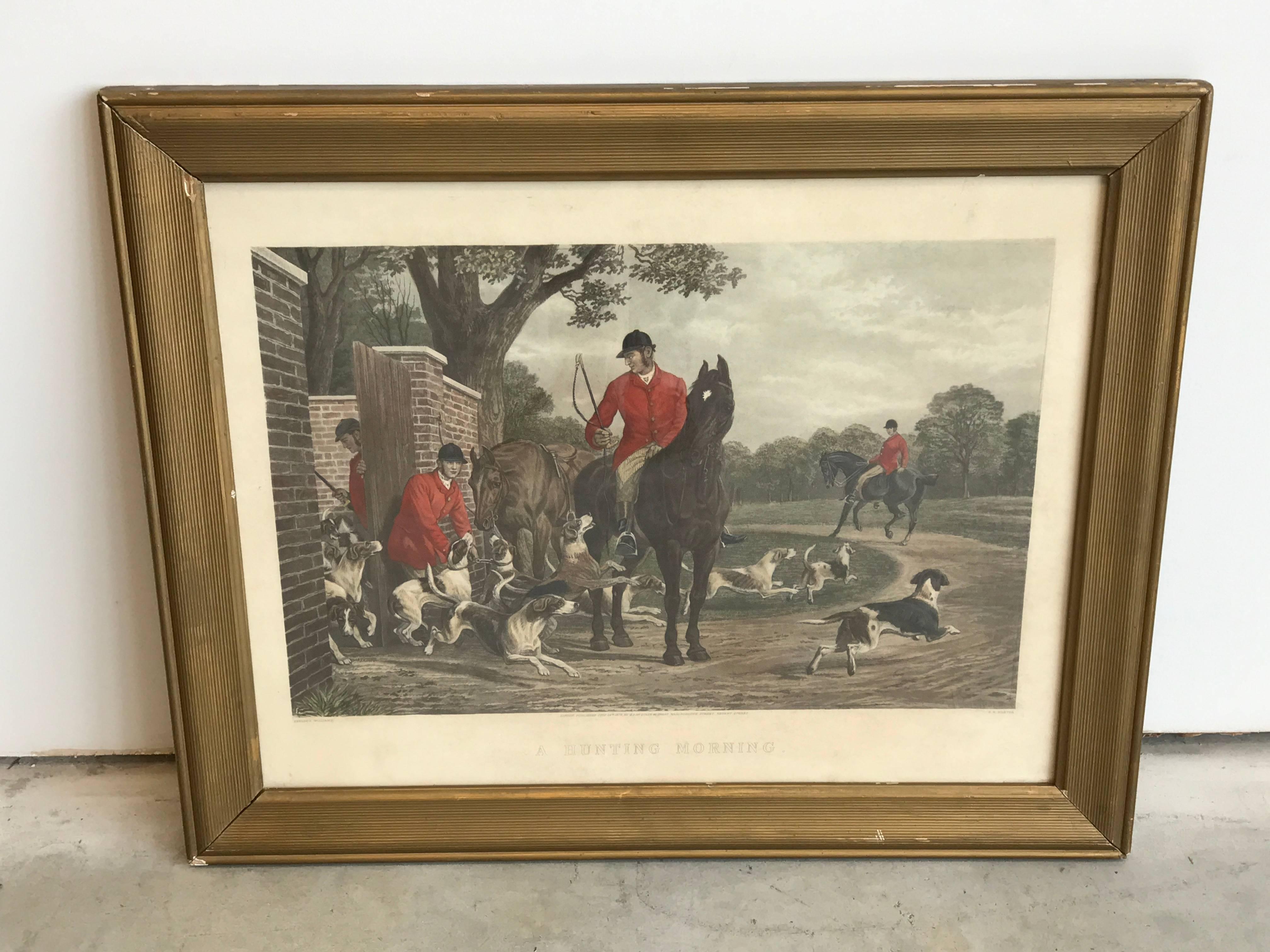 Offered is a stunning, 19th century hunt scene print, complimented by a giltwood frame. Marked: "London, published July 24th 1878, By G.P.McQueen, 49, Great Marlborough Street, Regent Street."