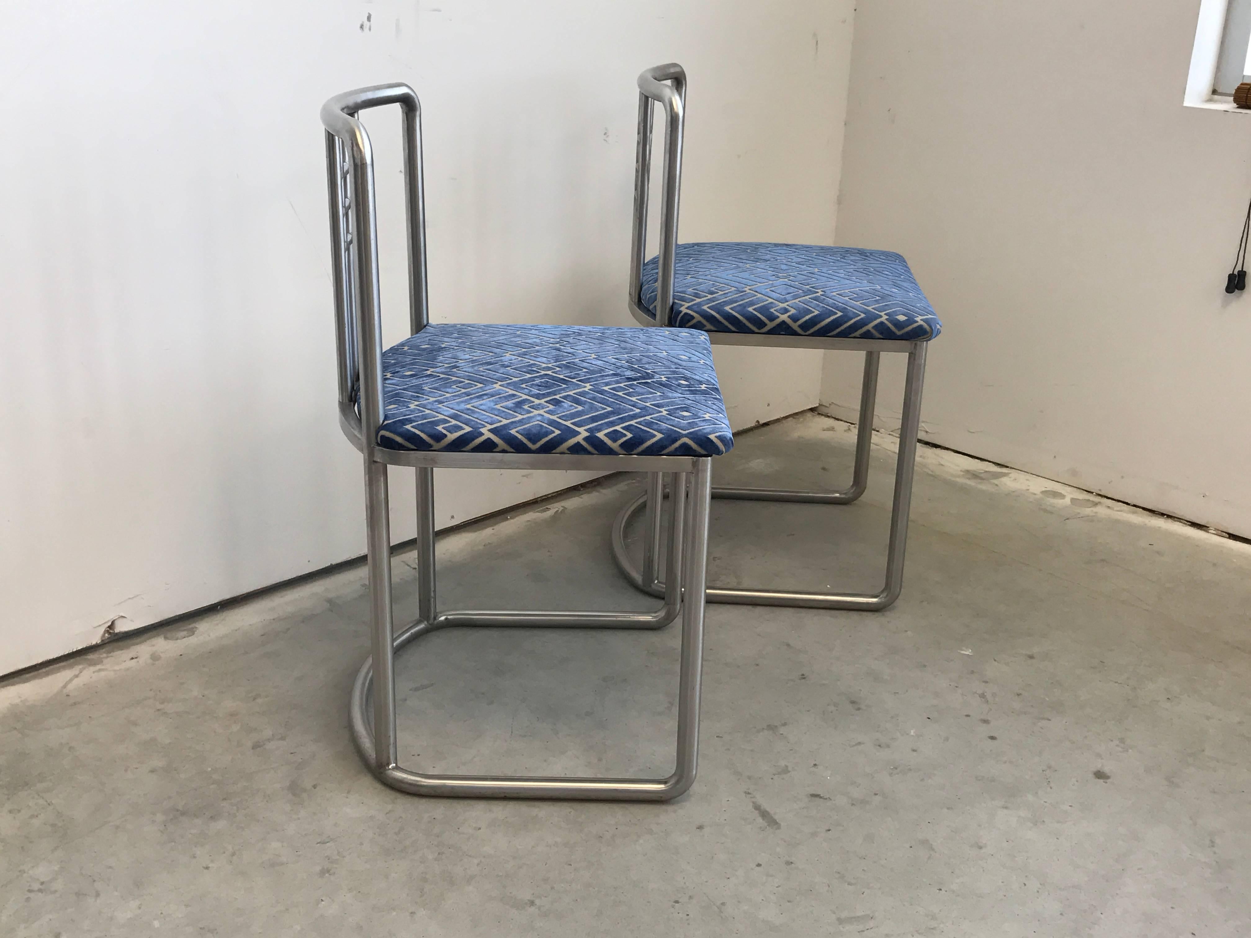 Modern 1970s Frank Lloyd Wright Style Stainless Steel Chairs with Blue Velvet, Pair
