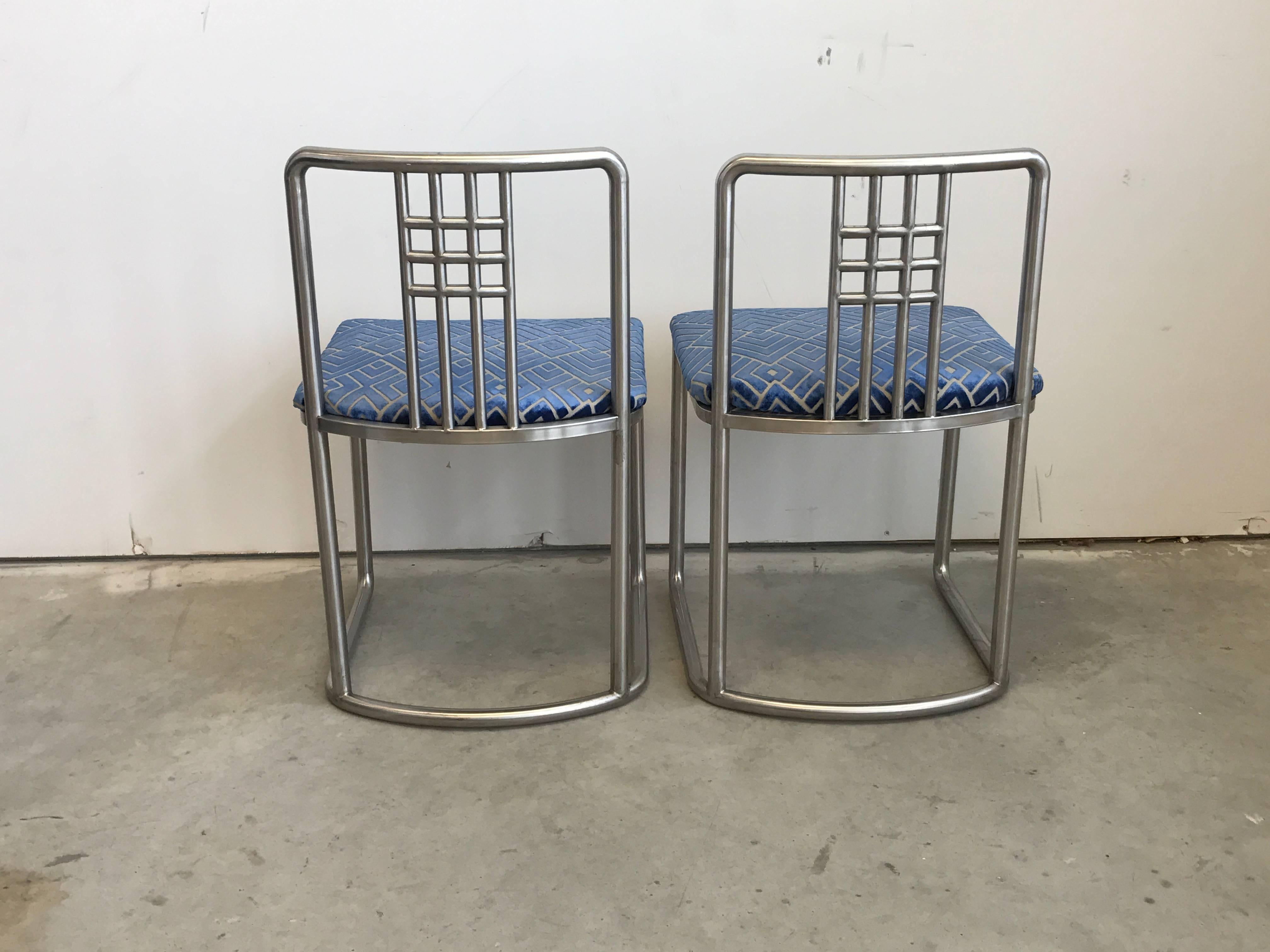 Brushed 1970s Frank Lloyd Wright Style Stainless Steel Chairs with Blue Velvet, Pair