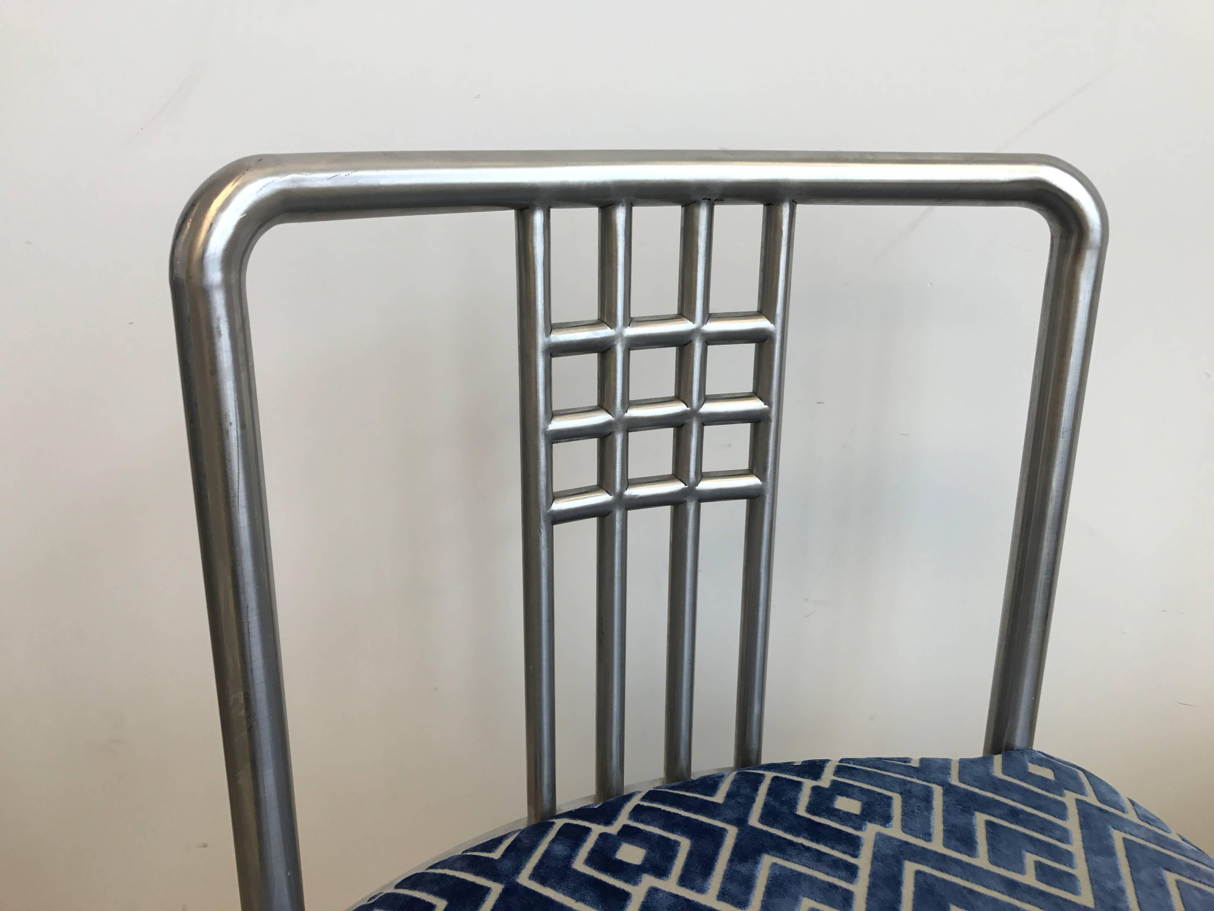 1970s Frank Lloyd Wright Style Stainless Steel Chairs with Blue Velvet, Pair In Excellent Condition In Richmond, VA