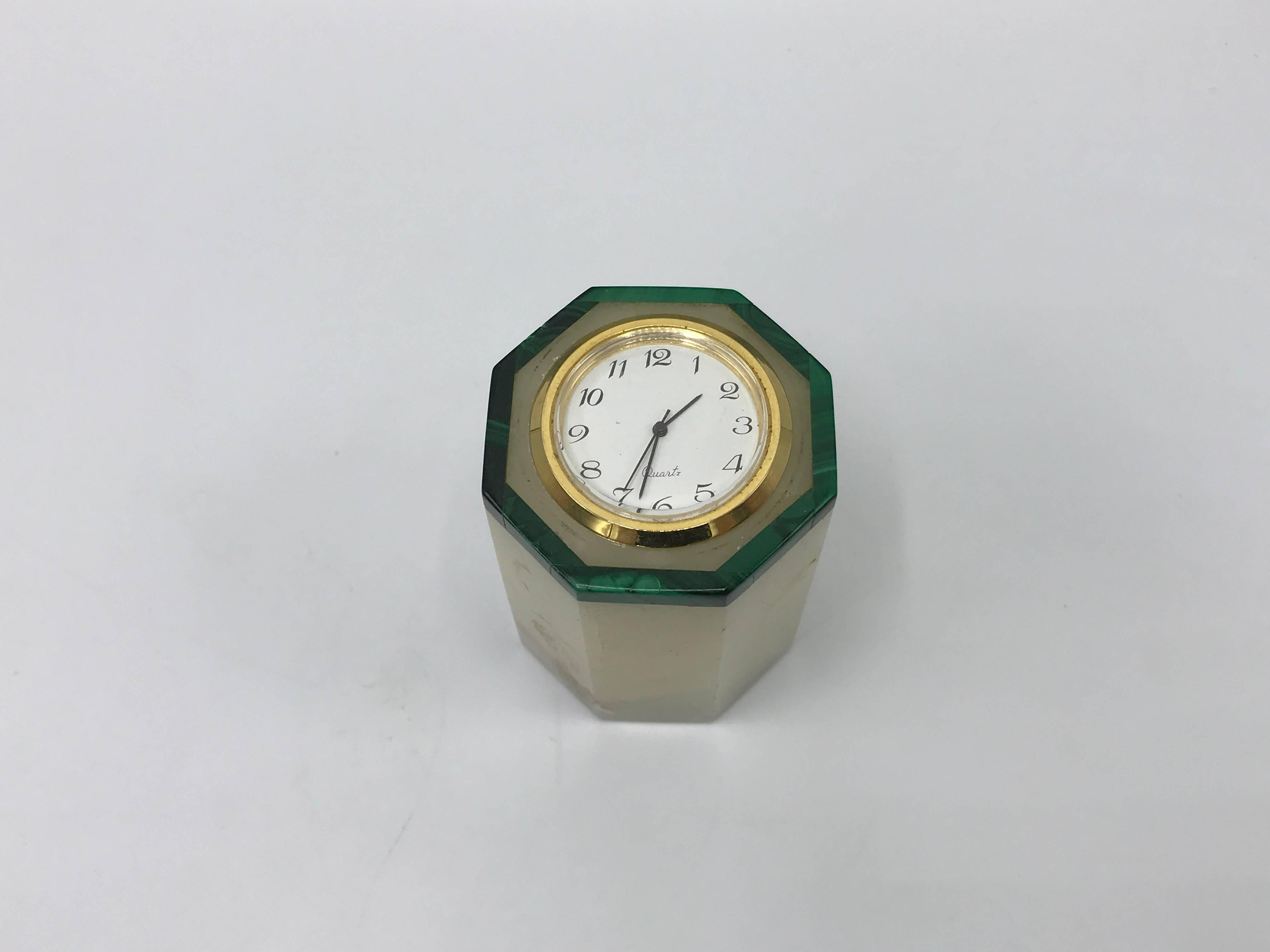 Offered is a fabulous, 1960s Mid-Century Modern, malachite and onyx desk clock. Clock face is removable, with battery access behind it.