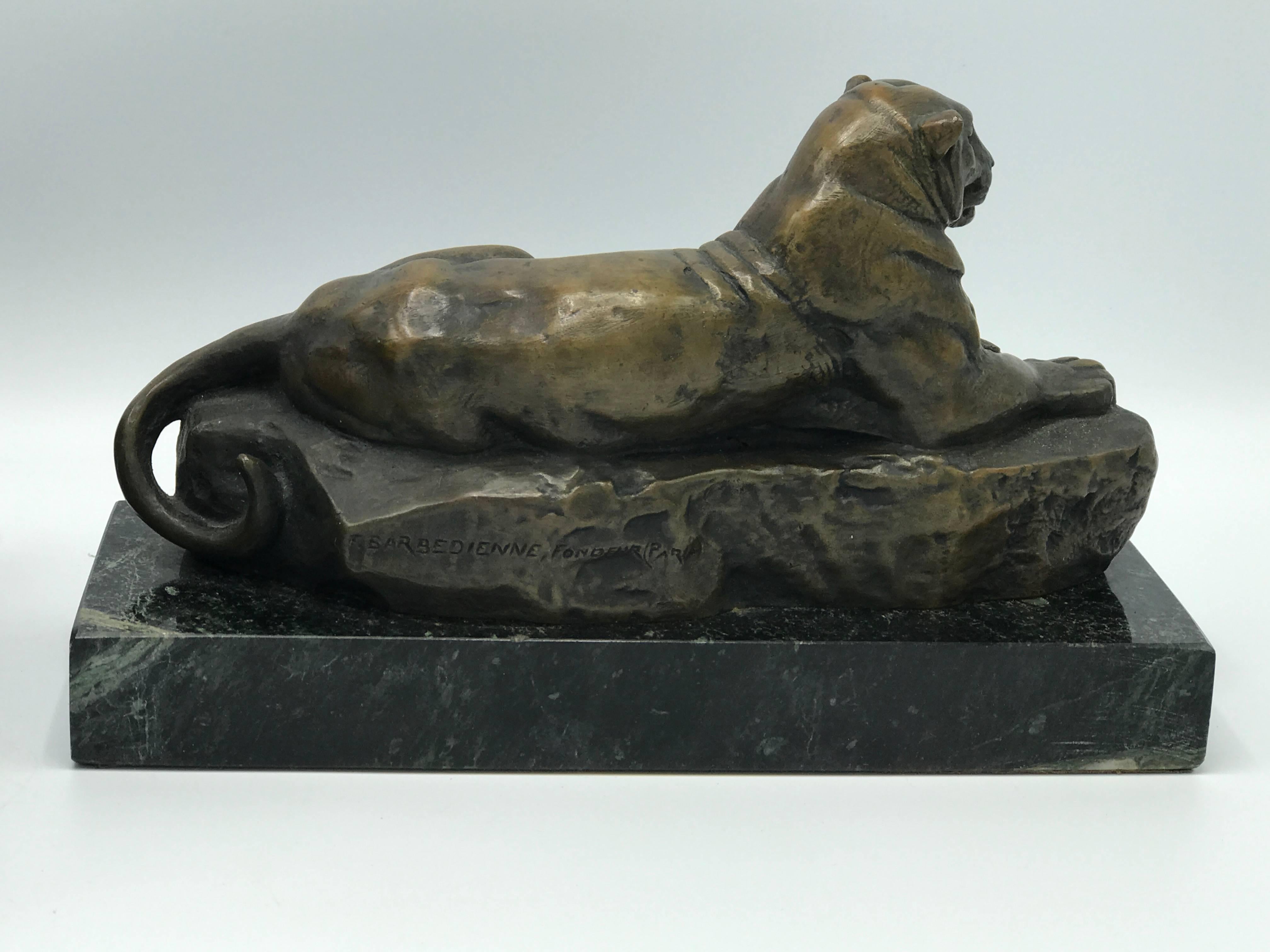 Offered is an immaculate, pair of 1920s, French Art Deco solid-bronze panther bookends. Signed 'Barye' (French Sculptor, Antoine-Louis Barye). Each rest upon black marble bases. Substantial weight. Highly exclusive and rare pieces in outstanding
