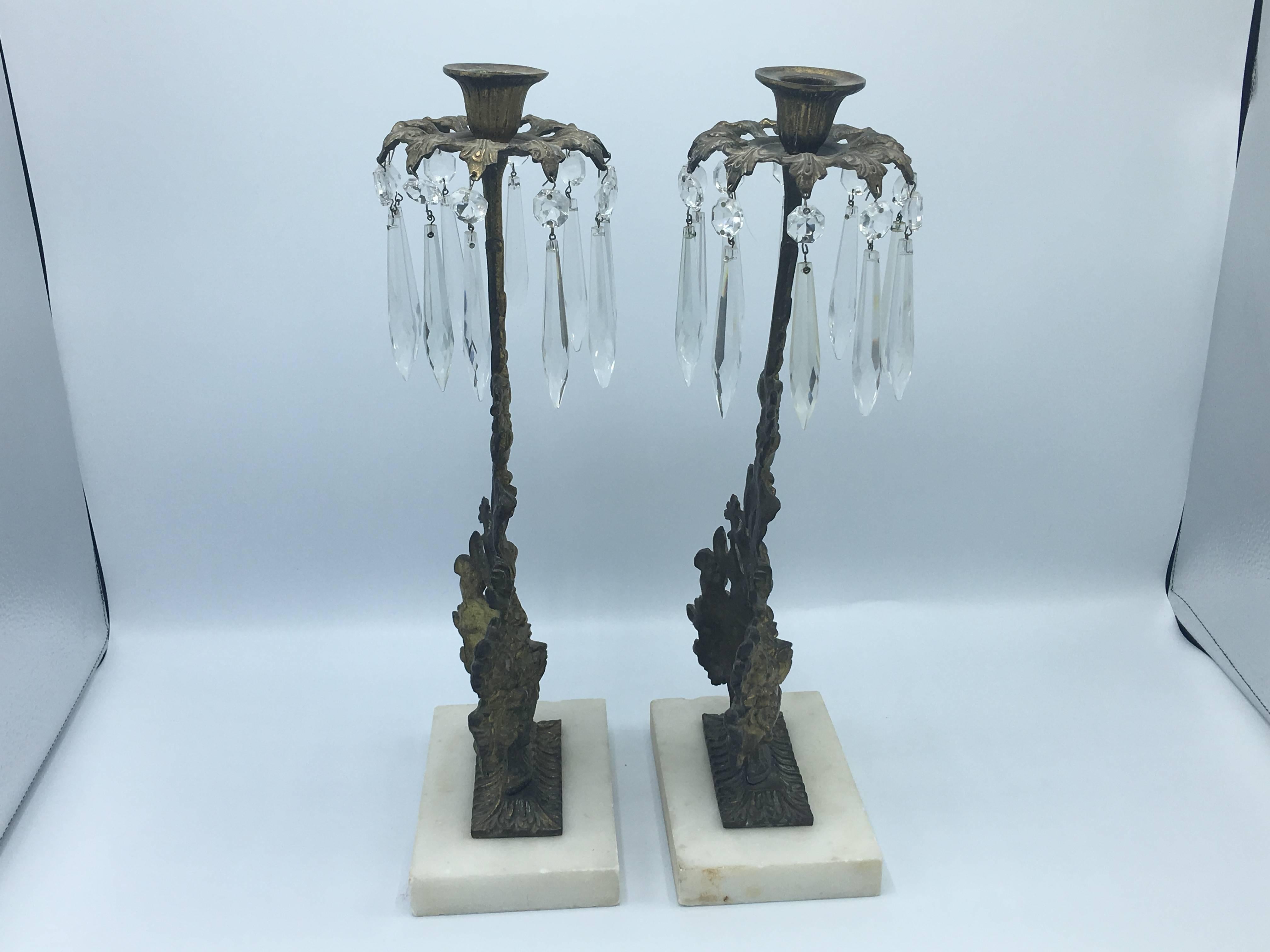 19th Century Brass and Crystal Flower Basket Girondoles on Marble, Pair 1