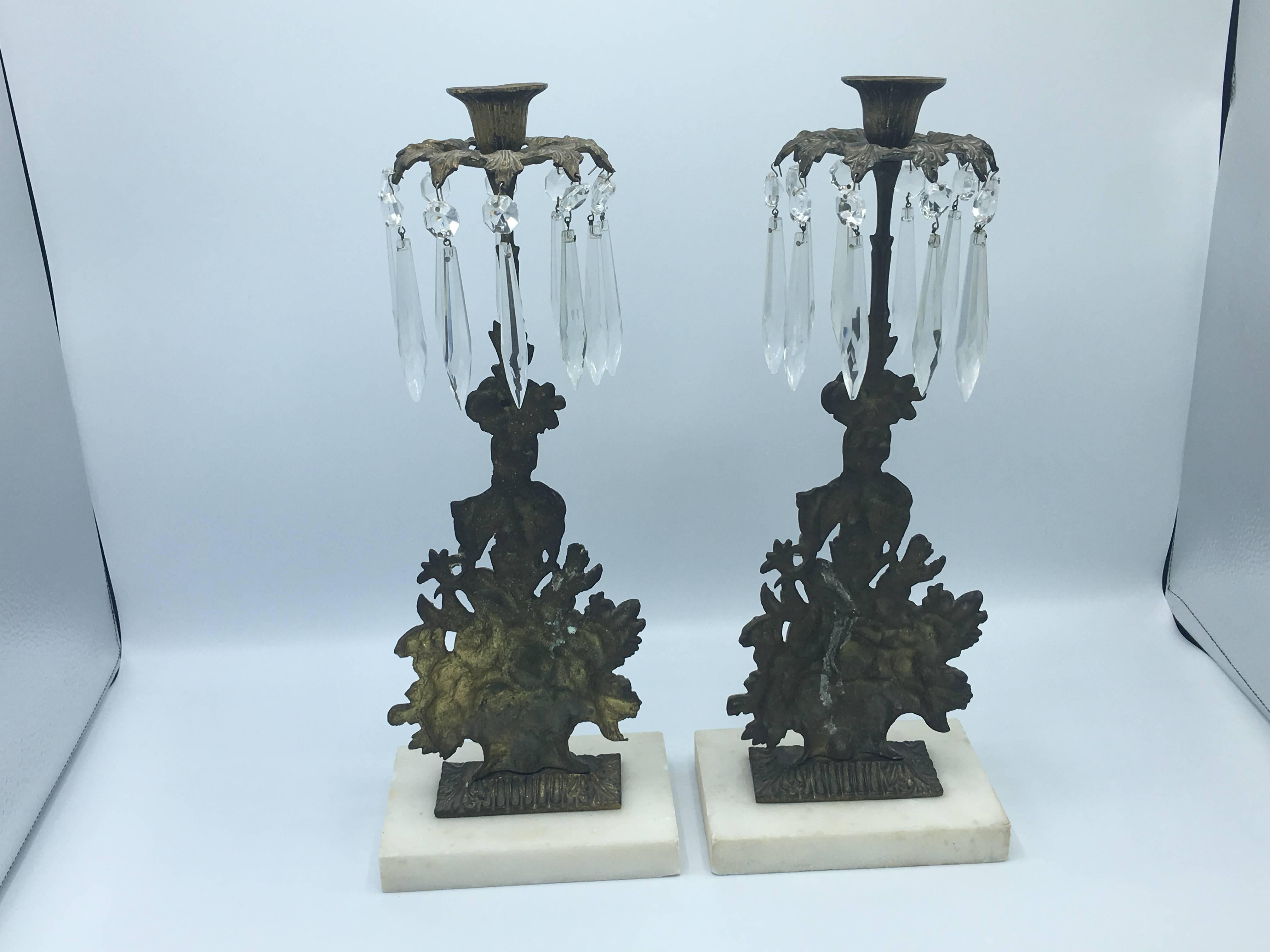 19th Century Brass and Crystal Flower Basket Girondoles on Marble, Pair 2