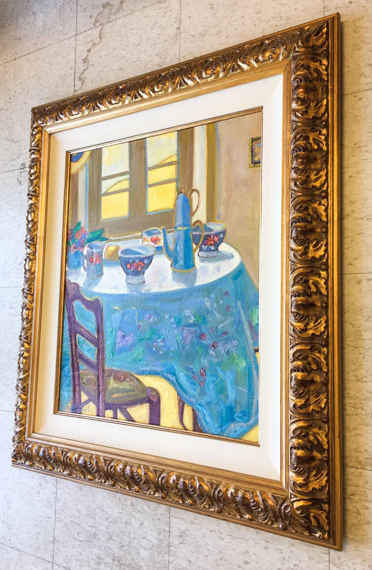 Gorgeous oil on canvas painting of a table scape by Spanish artist Salut Carol. Salut Carol was born in Palafrugell, Cataluna, Spain. She studied painting with well-known Spanish artists Martinez and Isidre Vilaseca. But, carol considers herself a