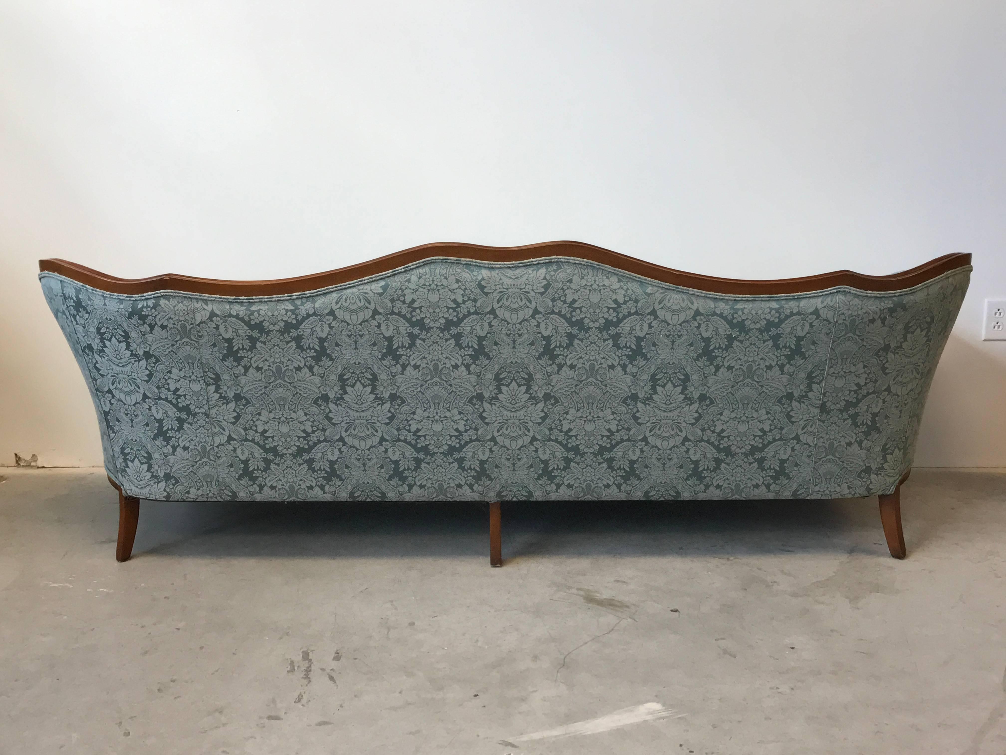 1940s French Blue Damask Tufted Sofa with Oak Frame Border In Excellent Condition In Richmond, VA