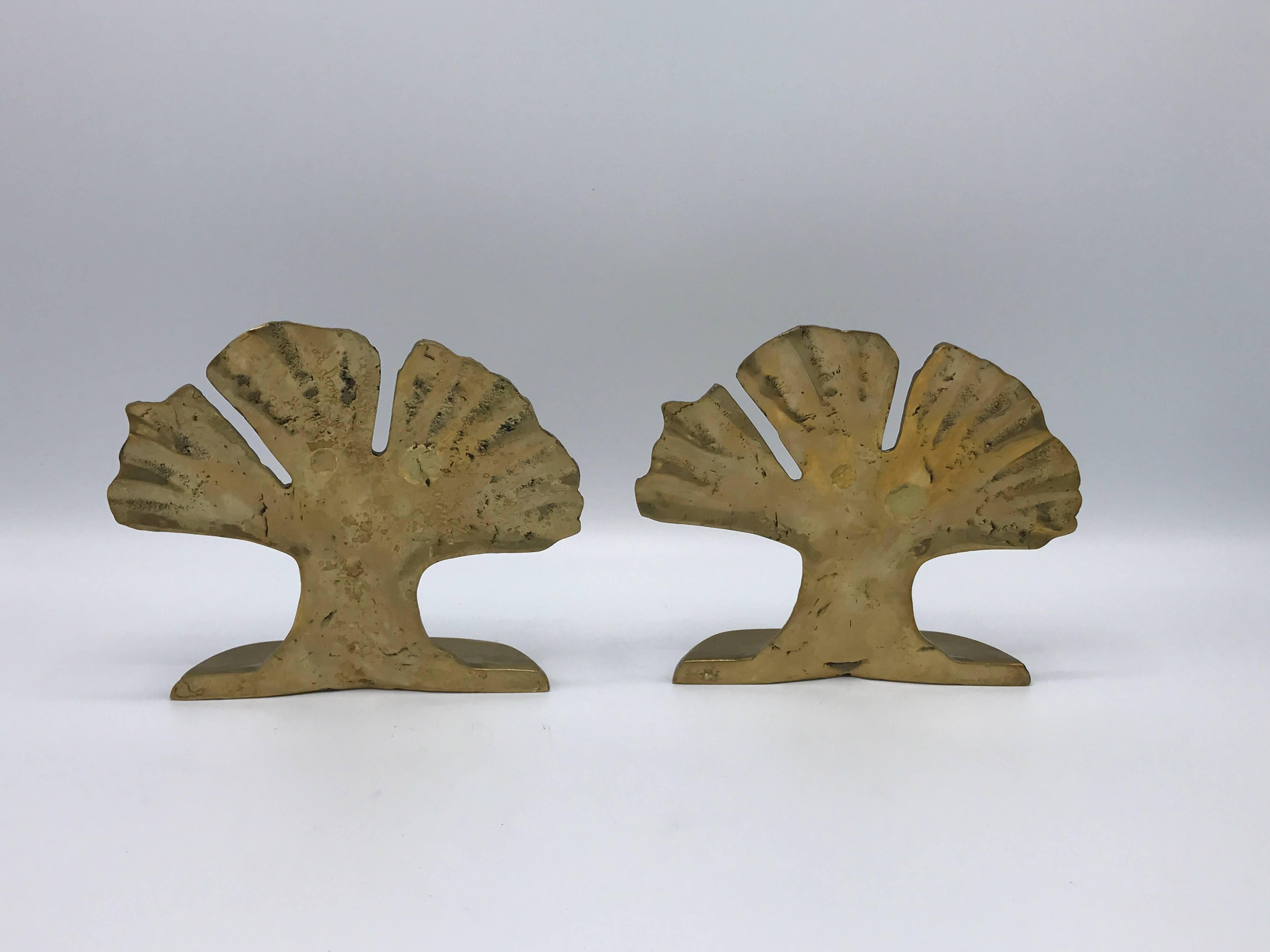 20th Century 1960s Brass Ginkgo Leaf Bookends, Pair