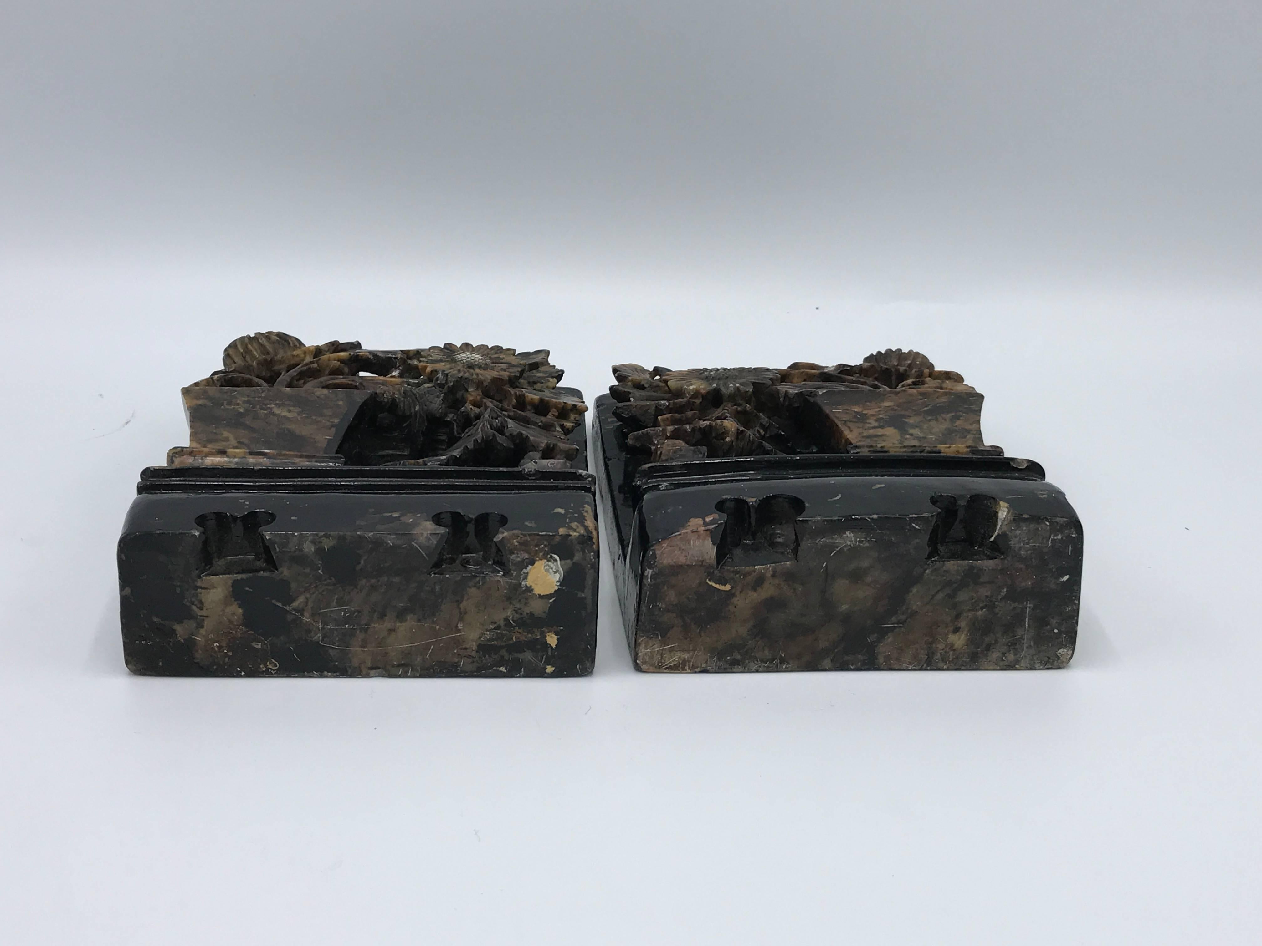 20th Century Pair of, 1920s Carved Soapstone Bookends with Floral Motif For Sale