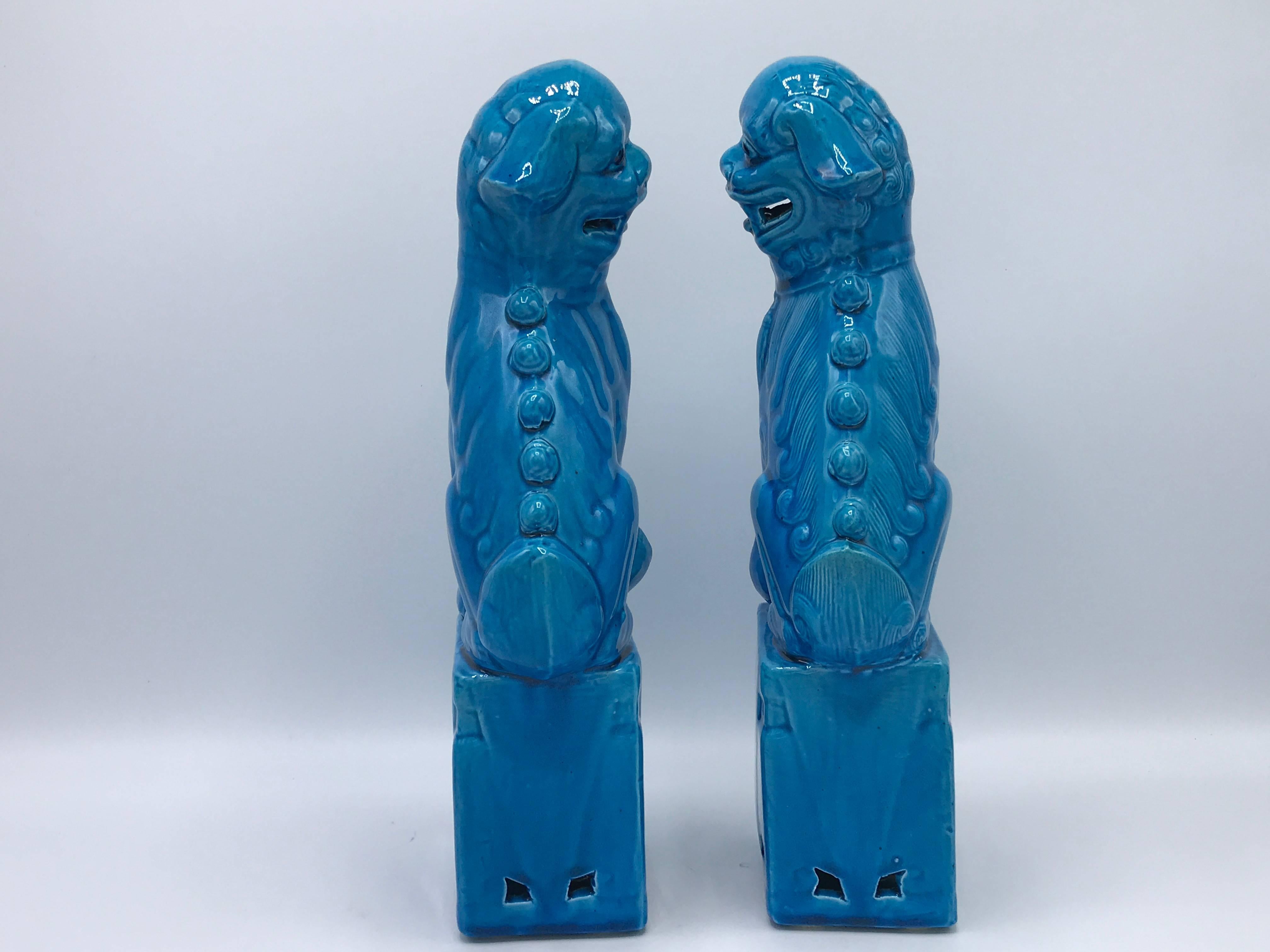 1970s Turquoise Glazed Foo Dogs, Pair In Excellent Condition In Richmond, VA