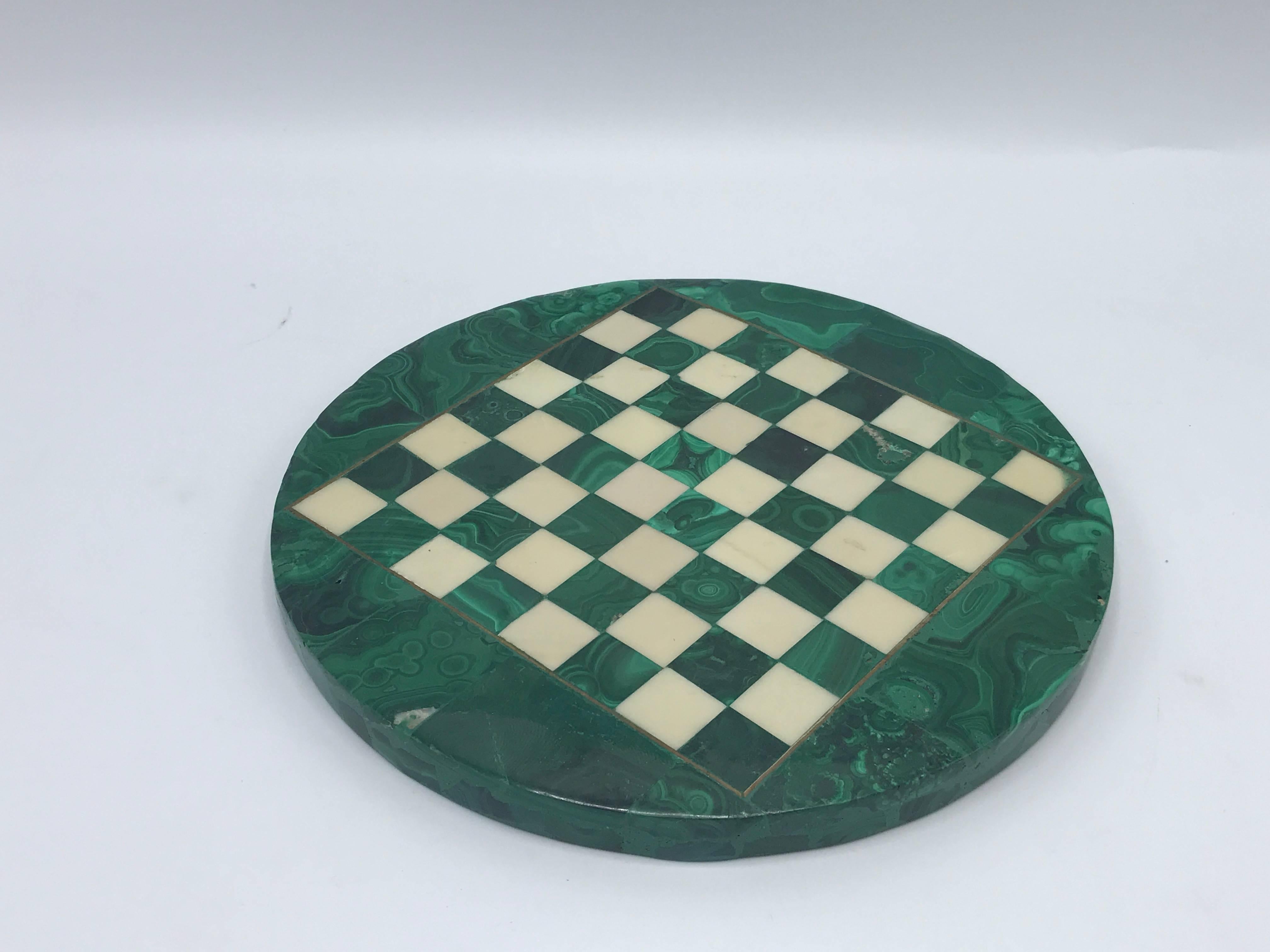 Mid-Century Modern 1960s Italian Malachite and Brass Inlay Chessboard Cheeseboard Plate