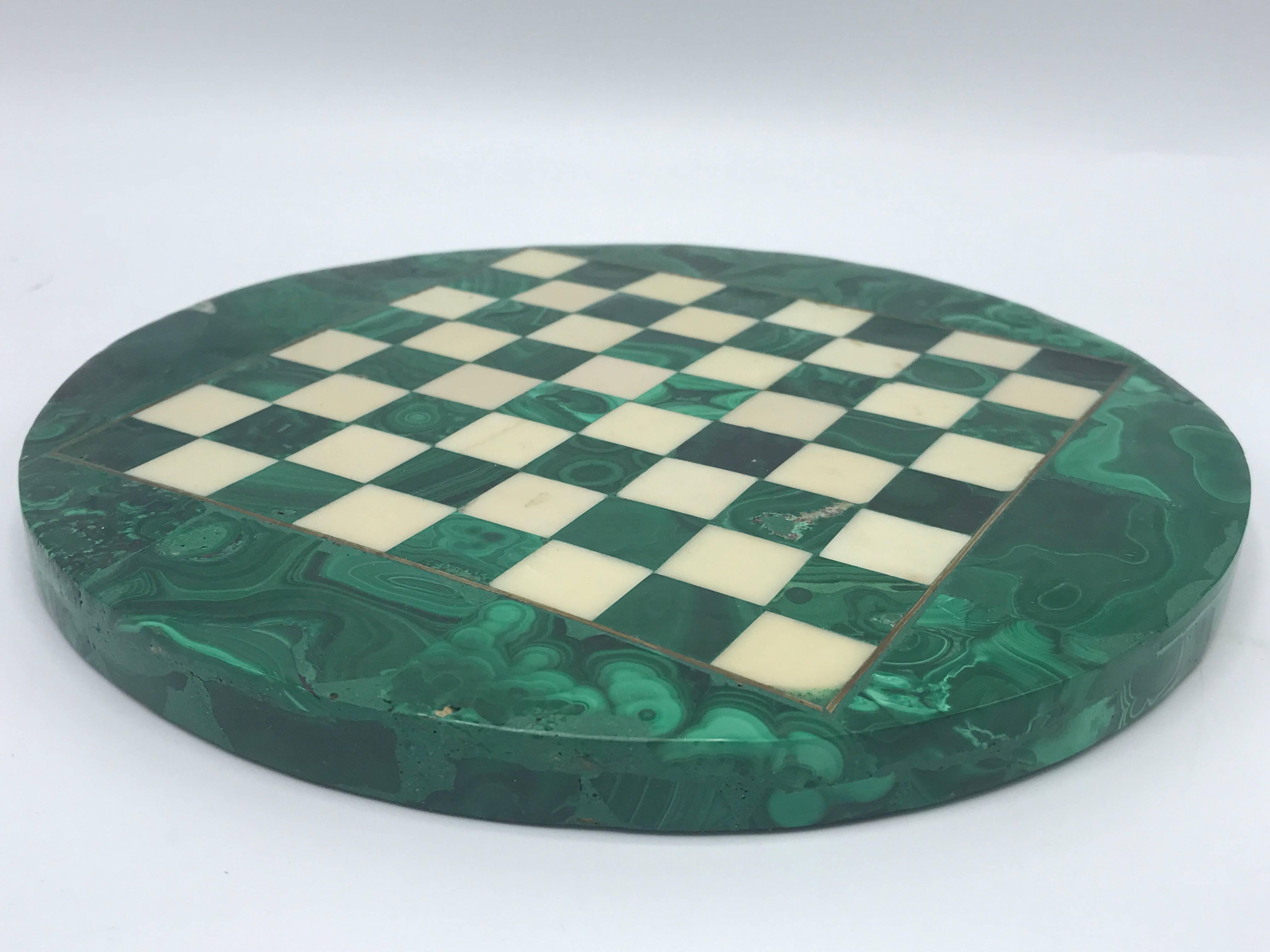 1960s Italian Malachite and Brass Inlay Chessboard Cheeseboard Plate In Excellent Condition In Richmond, VA