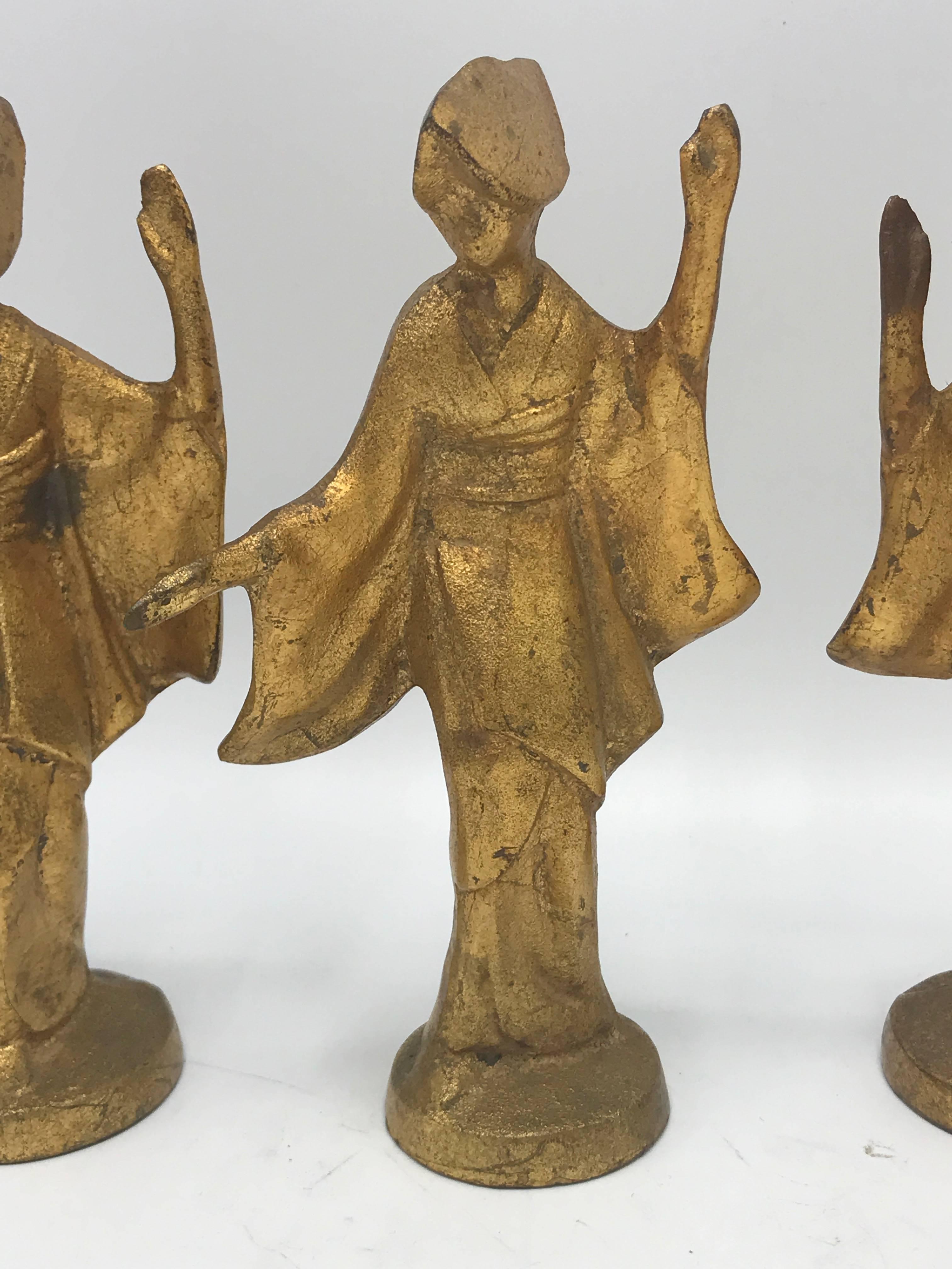 Modern 1950s Gilded James Mont Style Cast Iron Dancing Geisha Figures, Set of Three