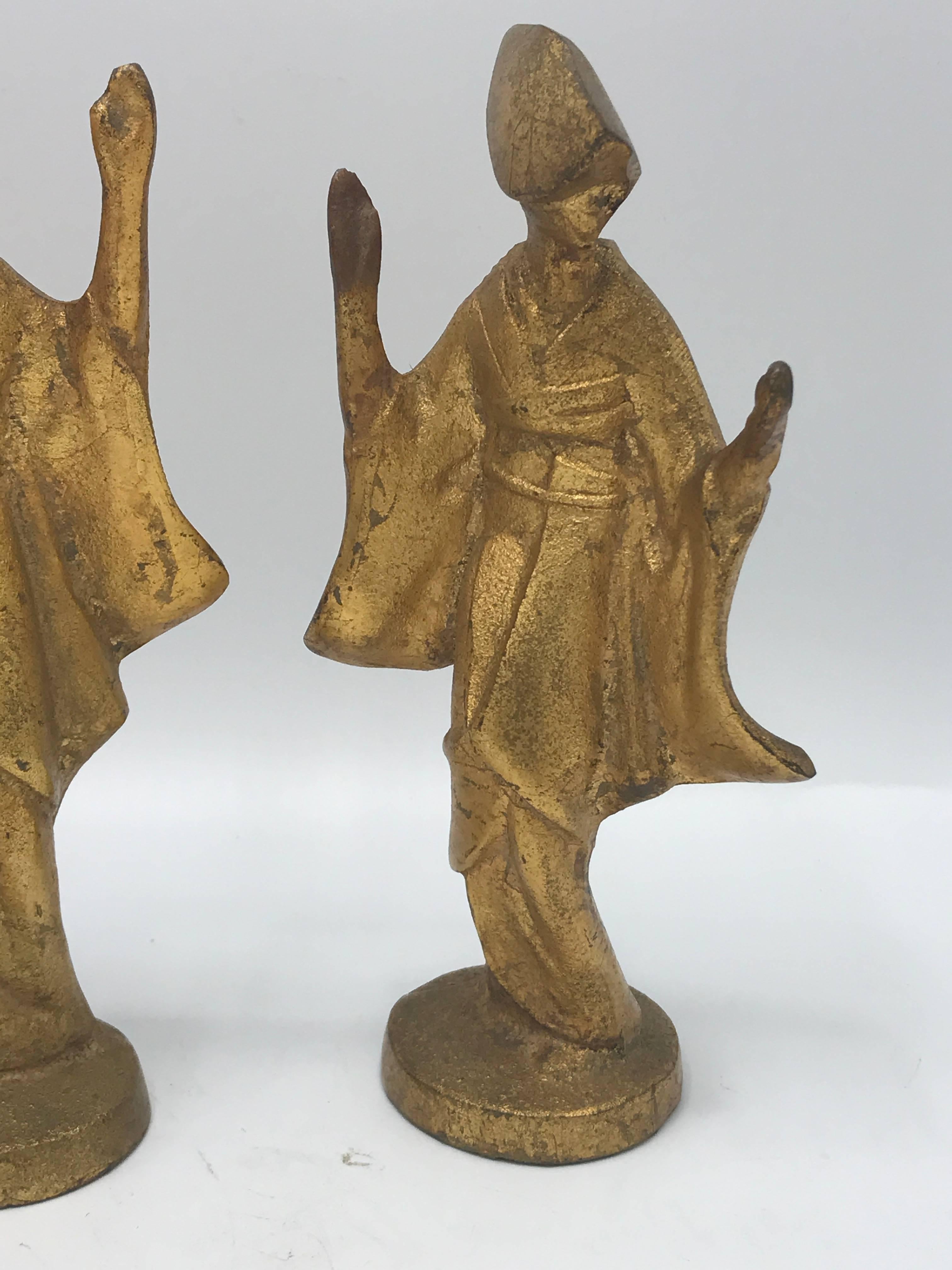 1950s Gilded James Mont Style Cast Iron Dancing Geisha Figures, Set of Three In Excellent Condition In Richmond, VA
