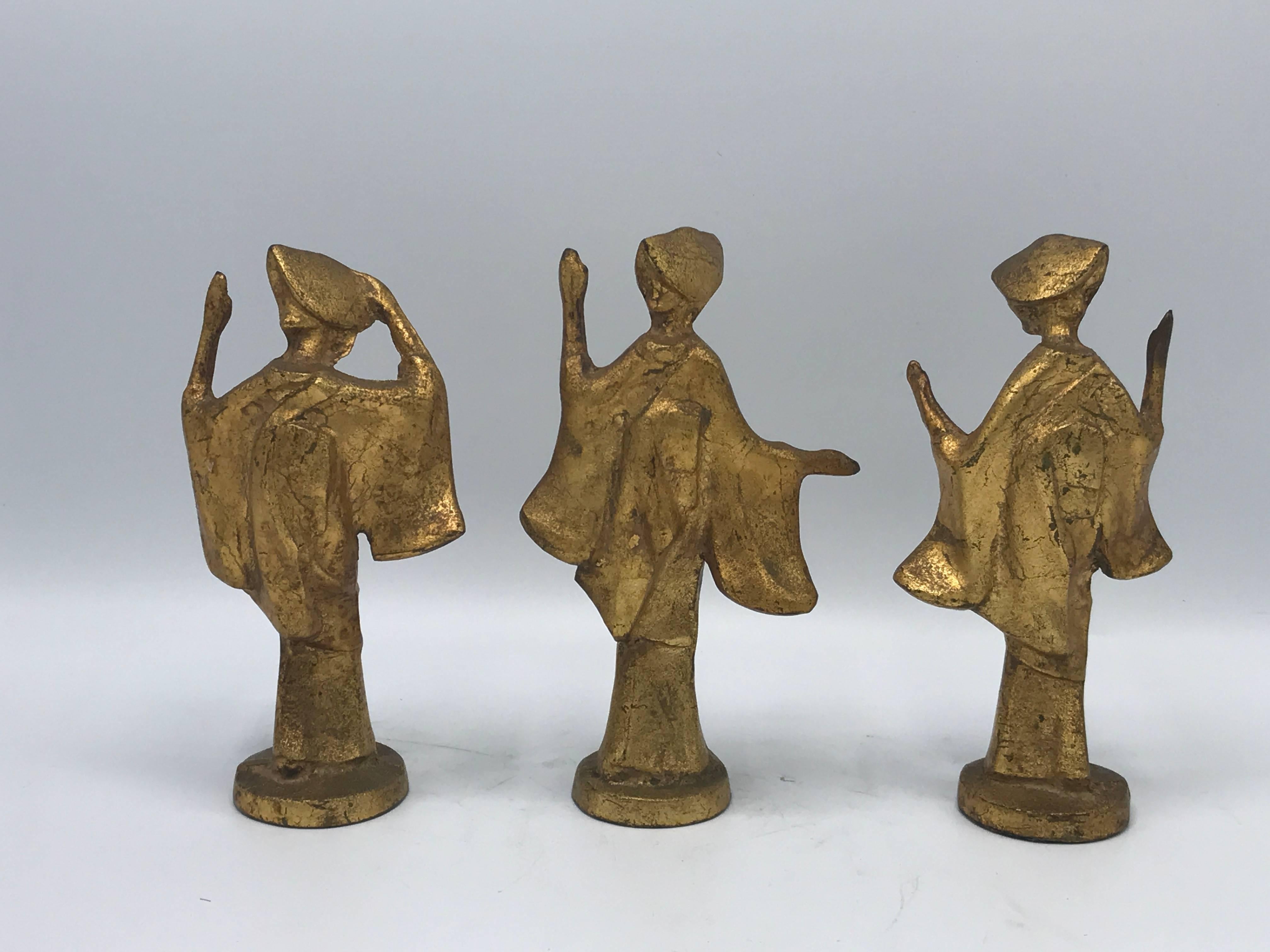 1950s Gilded James Mont Style Cast Iron Dancing Geisha Figures, Set of Three 1