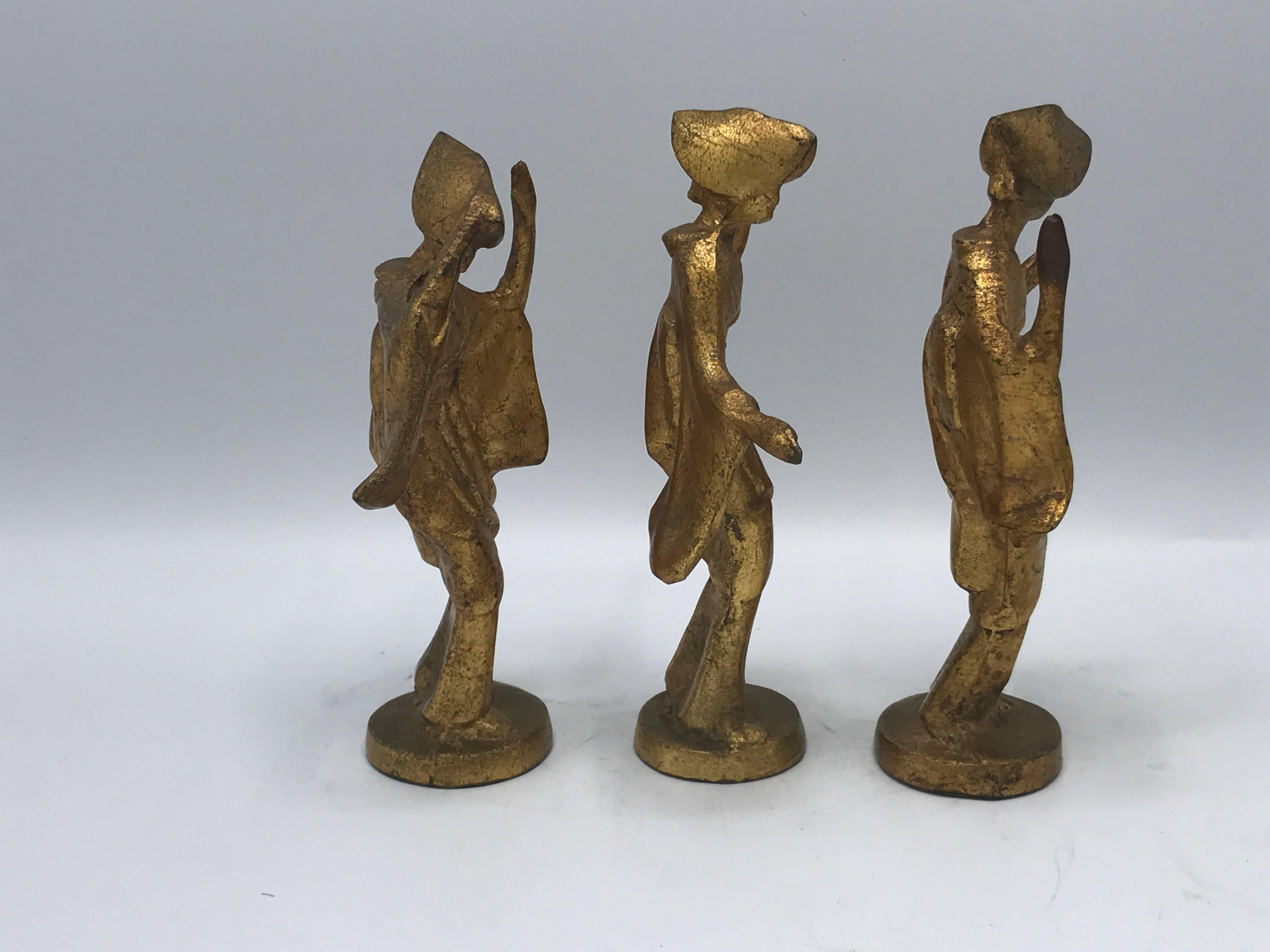 1950s Gilded James Mont Style Cast Iron Dancing Geisha Figures, Set of Three 2