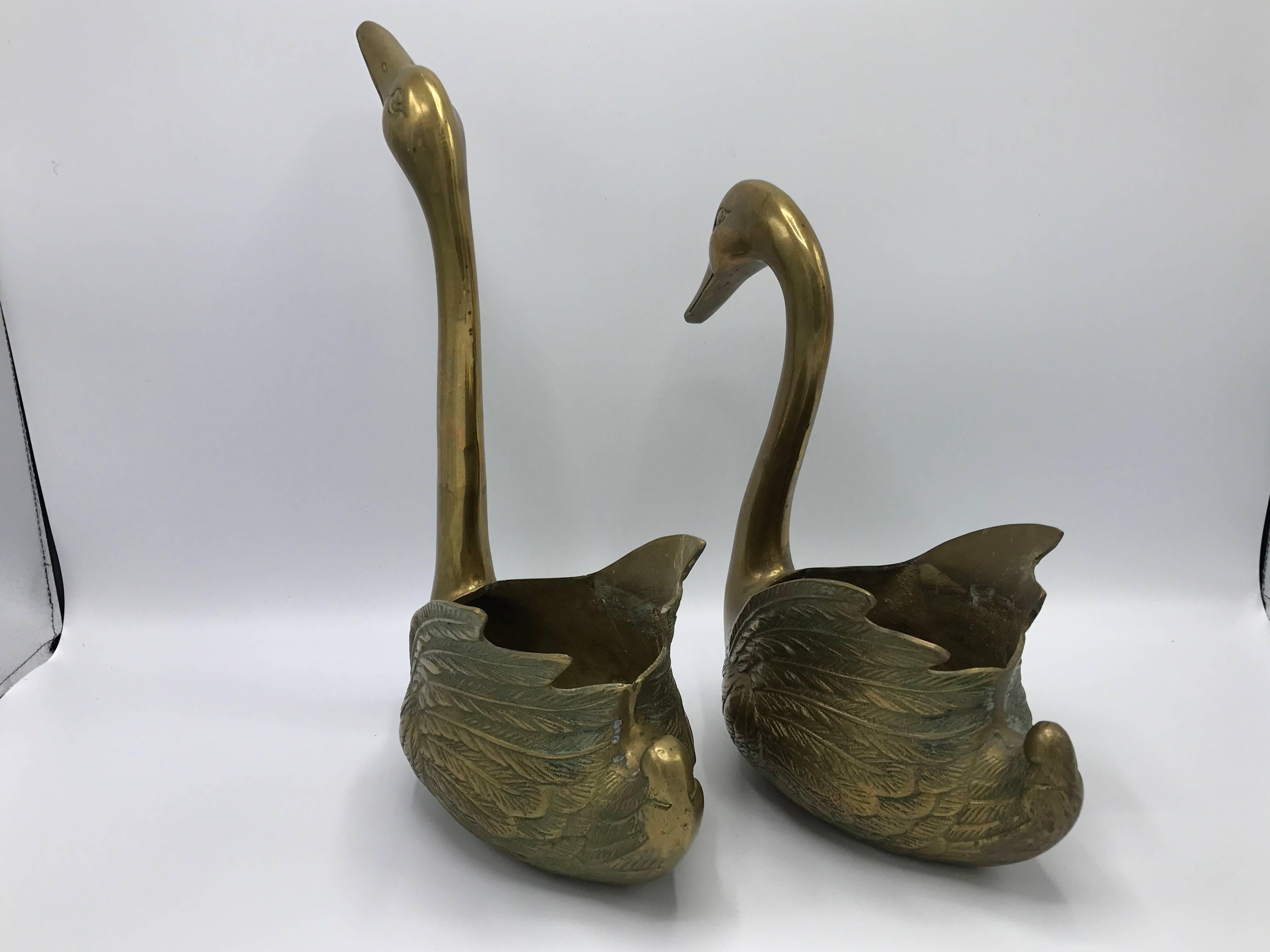 Hollywood Regency 1960s Brass Swan Cache Pots Planter Sculptures, Pair