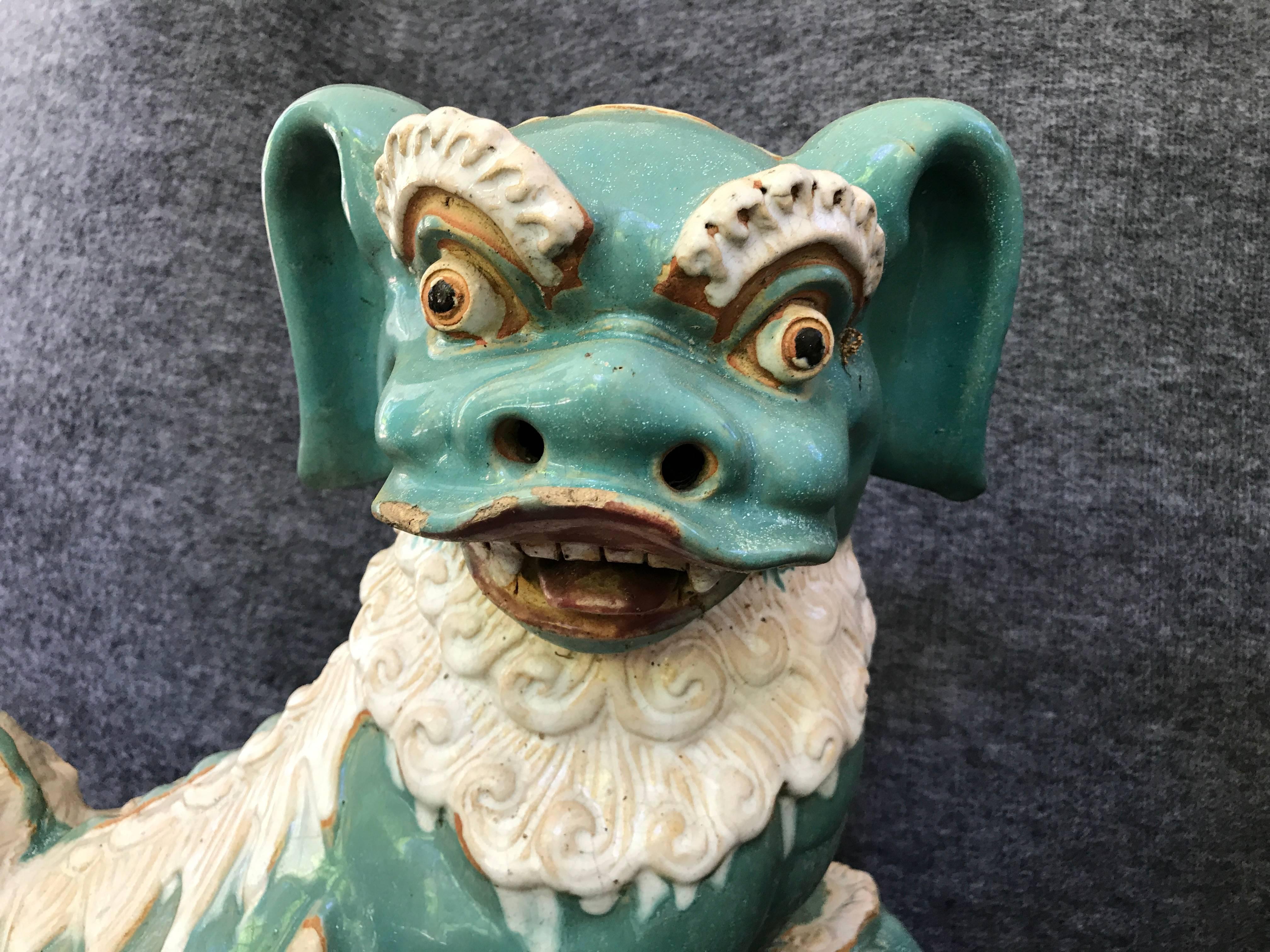 Glazed 1970s Large Terracotta Turquoise and White Foo Dog Sculpture Statues, Pair